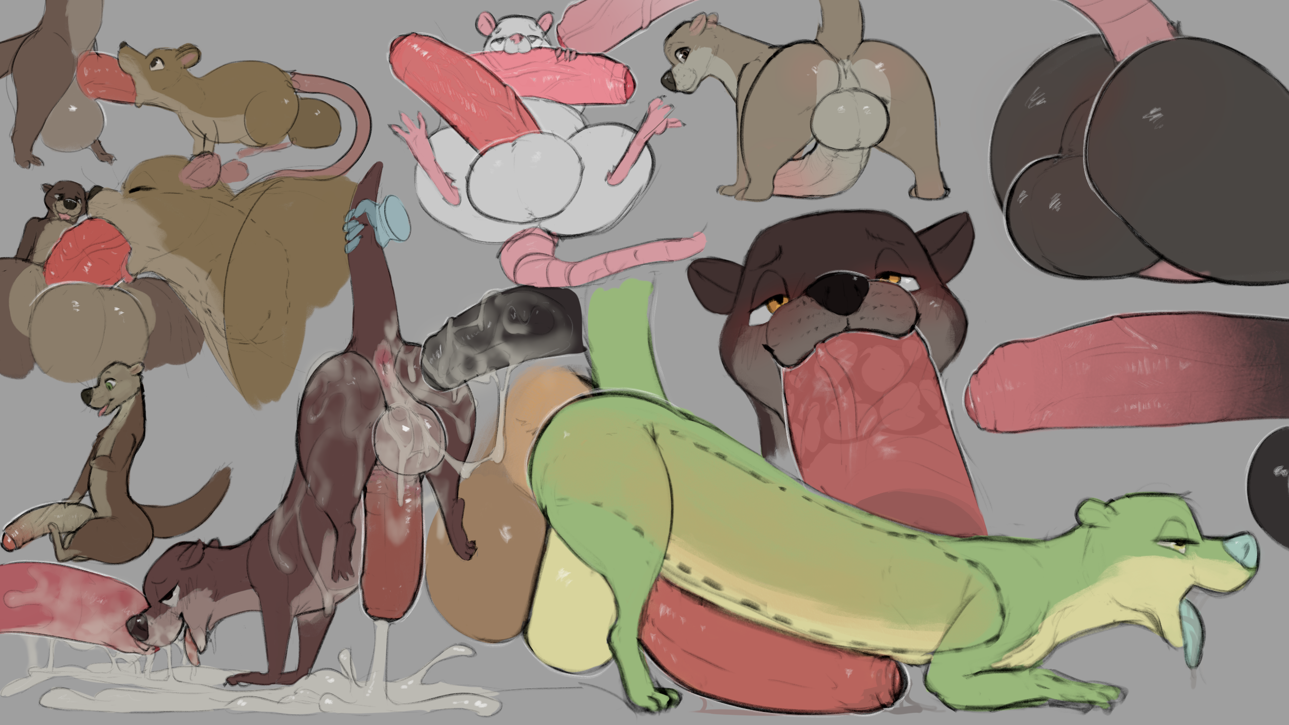 16:9, anal, anthro, ass, balls, balls deep, balls touching, big balls, big penis, black penis, blush, bodily fluids, brown body, brown fur, clade, cum, cum in ass, cum in mouth, cum inside, deepthroat, excessive cum, fellatio, feral, foreskin, fur, genital fluids, genitals, green body, green fur, group, hi res, holding tail, huge cock, humanoid genitalia, humanoid penis, looking pleasured, lutrine, male, male only, male/male, mammal, multiple boys, multiple males, murid, murine, mustelid, oral, orange eyes, orgasm, otter, penetration, penile, penis, pink penis, presenting, rat, rodent, sex, sketch, sketch page, thick tail, tongue, tongue out, uncircumcised, widescreen