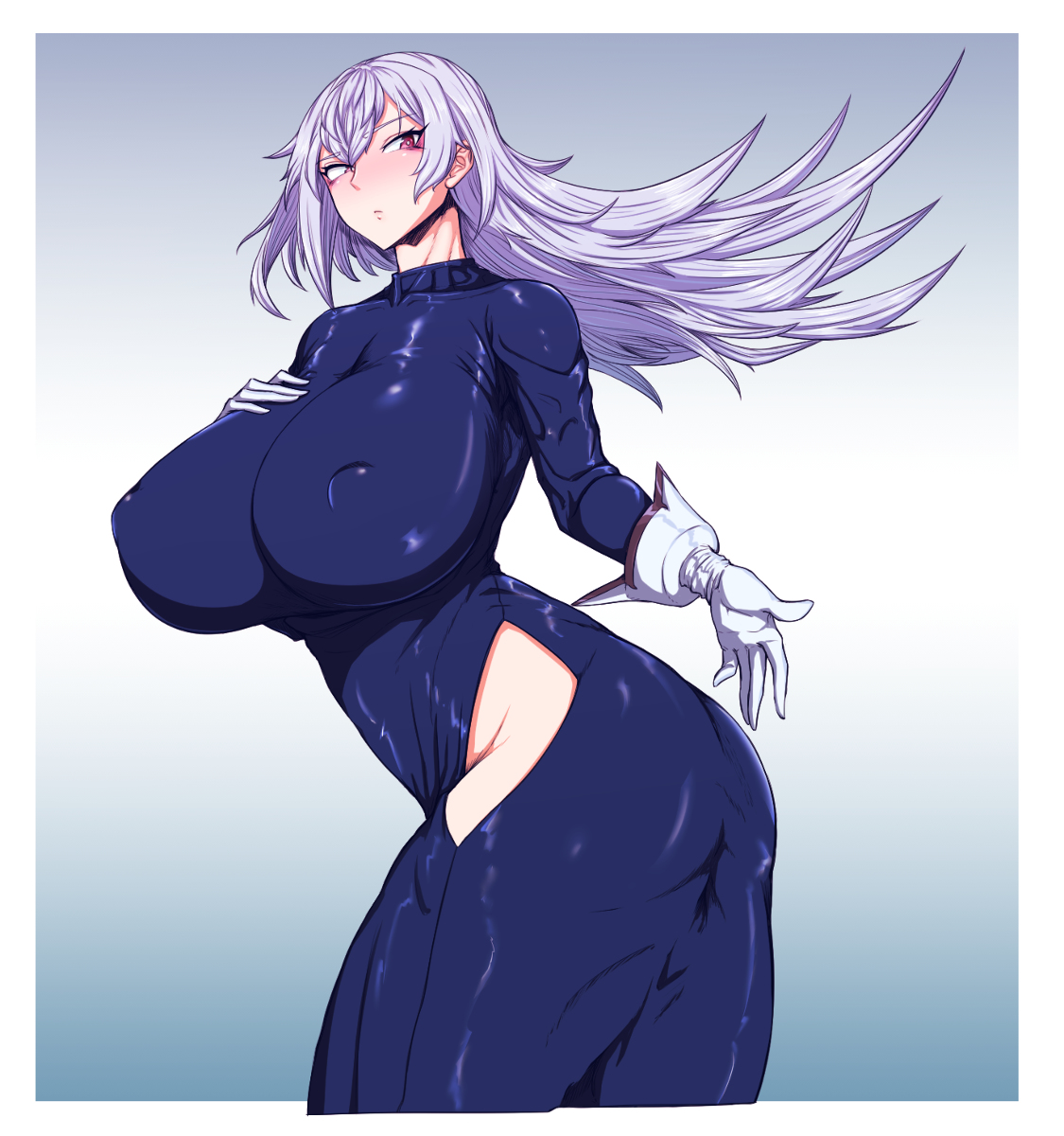 1girls, ass, big breasts, breasts, female, gloves, hand on breast, hip vent, large breasts, looking at viewer, nipple bulge, parallax05, silent magician, silver hair, solo, tagme, white hair, yu-gi-oh!