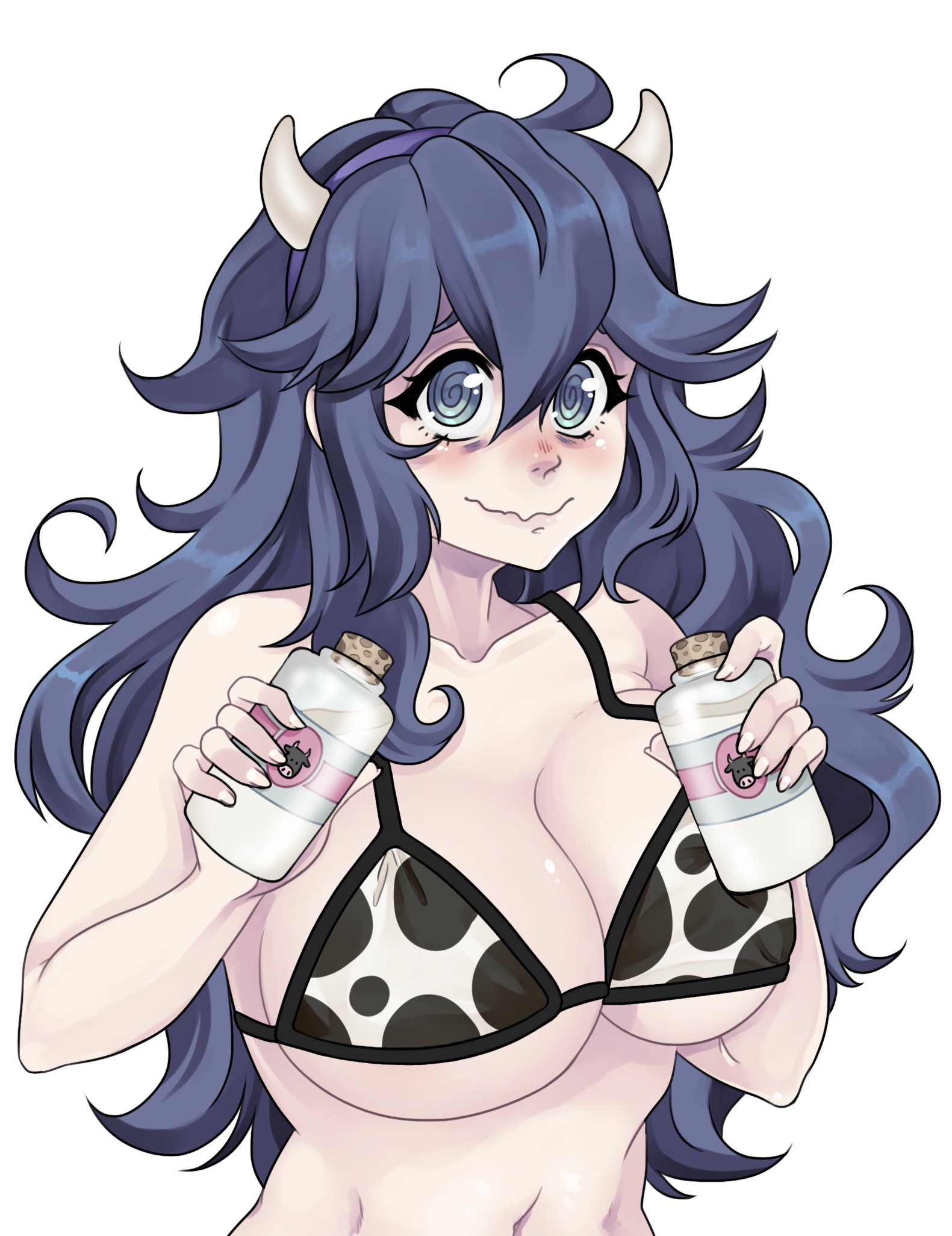 1girls, big breasts, bikini top, blush, breasts, cow bikini, cow girl, cow horns, cow print, cryptid crab, eye contact, female, hex maniac, huge breasts, human, large breasts, light skin, light-skinned female, looking at viewer, milk, milk bottle, nintendo, pale skin, pale-skinned female, pokemon, pokemon xy, purple eyes, purple hair, white background