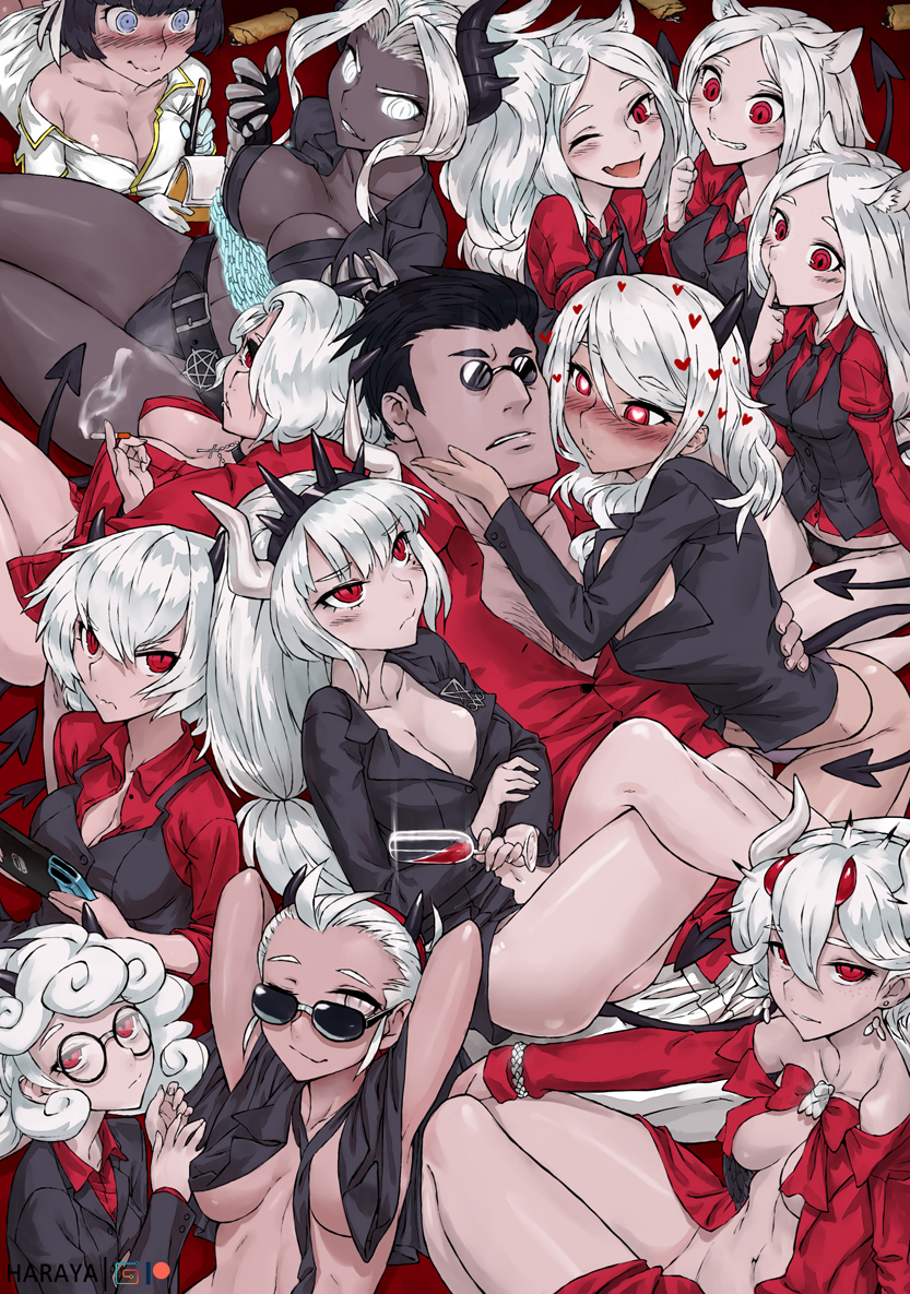 12girls 1boy 6+girls angel azazel_(helltaker) beelzebub_(helltaker) black_horns cerberus_(helltaker) demon demon_girl demon_tail glasses grey_skin haraya harem helltaker helltaker_(character) horns judgement_(helltaker) justice_(helltaker) lucifer_(helltaker) male malina_(helltaker) modeus_(helltaker) multiple_girls pale-skinned_female pale_skin pandemonica_(helltaker) red_eyes straight_hair tail white_eyes white_hair white_horns zdrada_(helltaker)