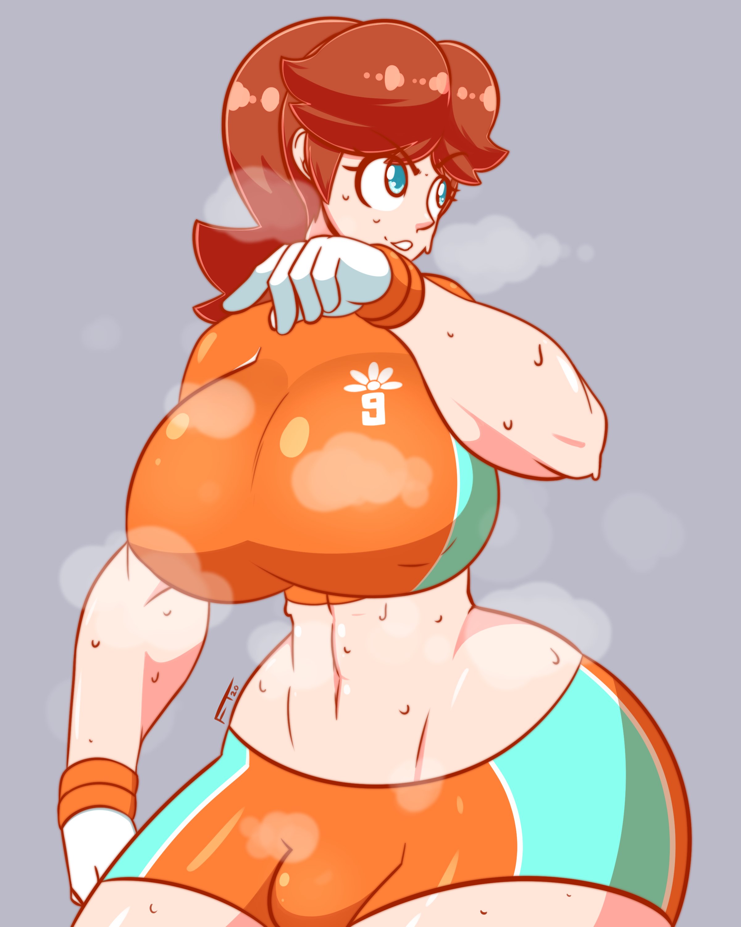1futa, 2020, abs, big breasts, big thighs, blue eyes, blush, breasts, breasts bigger than head, brown hair, bulge, cameltail, clothed, clothing, curvy, curvy figure, determined, dickgirl, eyebrows visible through hair, female, frowntown, futa only, futanari, gloves, highres, huge breasts, huge thighs, intersex, large breasts, large thighs, light skin, light-skinned futa, mario (series), mario strikers, midriff, moderate tomboy, nintendo, pale skin, pale-skinned futa, penis, penis bulge, princess daisy, serious, shirt, short shirt, short sleeves, shorts, shoulder length hair, soccer uniform, solo, spandex, steaming body, sweat, sweaty, teeth, thick, thick thighs, thighs, tight clothing, tomboy, video game franchise, western art, wide hips
