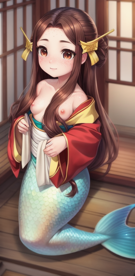 ai_generated brown_hair cute dave_the_diver freckles kimono mermaid niamo shrine_maiden