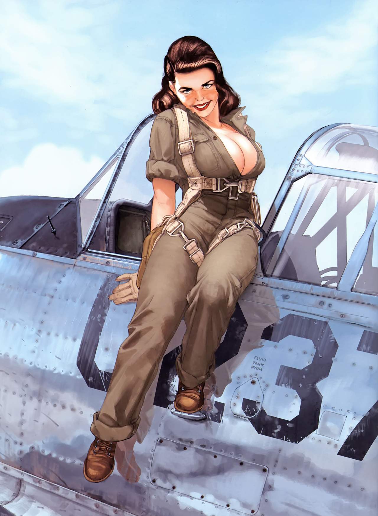 airplane big_breasts breasts brown_hair busty cleavage female female_focus female_only gloves hourglass_figure jumpsuit large_breasts lipstick long_hair military military_uniform overflowing_breasts pilot pilot_suit pinup plane pose posing romain_hugault sitting sleeves_rolled_up smile smiling solo tagme wide_hips