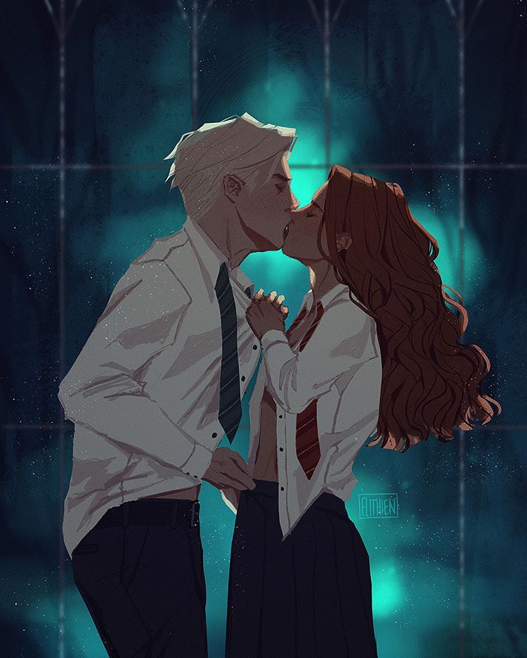 1boy 1girls assisted_exposure blonde_hair blush blushing closed_eyes clothed clothed_female clothed_male clothing draco_malfoy elithien fanon_couple female fully_clothed gryffindor harry_potter hermione_granger hogwarts hogwarts_school_uniform human human_only inter-house kiss kissing long_hair male male_on_top necktie open_clothes open_shirt pants pleated_skirt schoolgirl shirt short_hair side_view skirt slytherin slytherin_dungeon standing straight student tie unbuttoned_shirt undressing undressing_another undressing_partner white_shirt