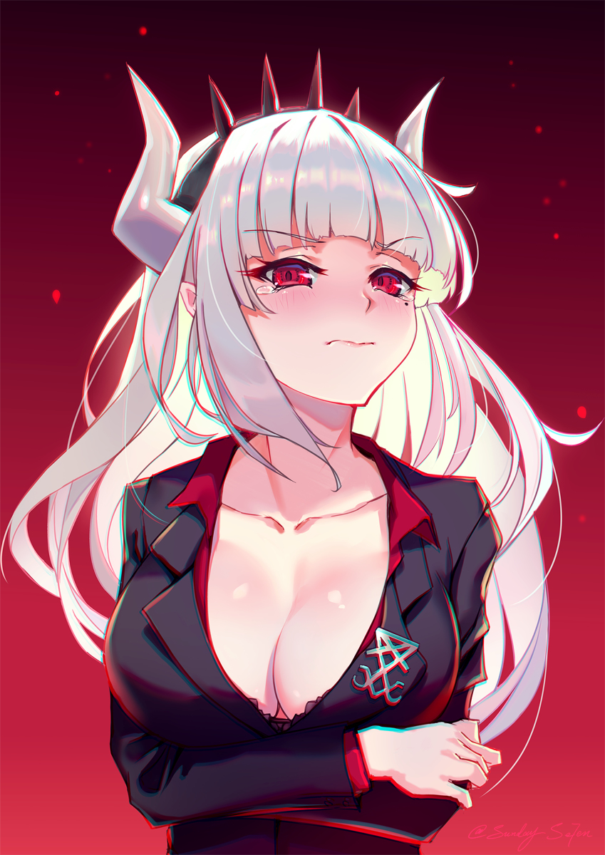 angry, breasts, busty, clevage, crown, female, female only, helltaker, lucifer (helltaker), red background, solo, solo female, sunday se7en, tsundere, white hair