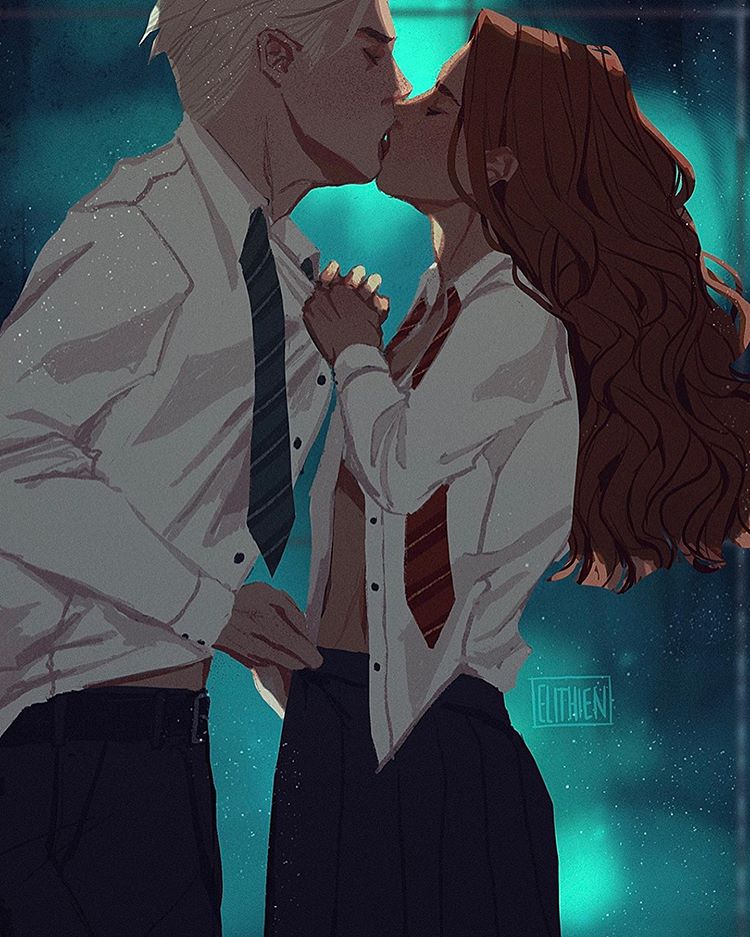 1boy 1girls assisted_exposure blonde_hair blush blushing closed_eyes clothed clothed_female clothed_male clothing draco_malfoy elithien fanon_couple female fully_clothed gryffindor harry_potter hermione_granger hogwarts hogwarts_school_uniform human human_only inter-house kiss kissing long_hair male male_on_top necktie open_clothes open_shirt pants pleated_skirt schoolgirl shirt short_hair side_view skirt slytherin slytherin_dungeon standing straight student tie unbuttoned_shirt undressing undressing_another undressing_partner white_shirt