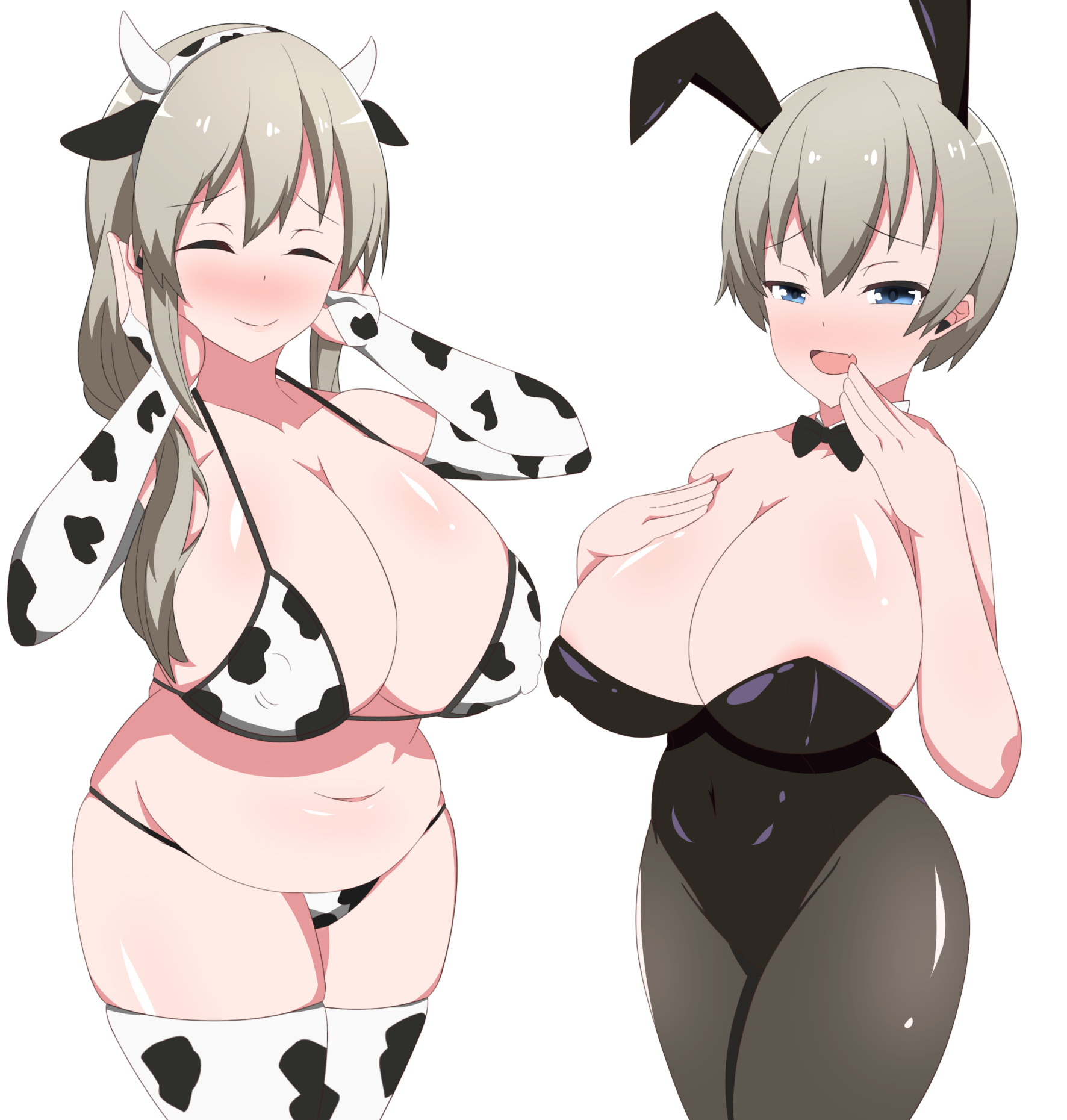 2girls, animal ears, ayuni (artist), big breasts, black leotard, black pantyhose, blue eyes, blush, breasts, bunny ears, bunnysuit, closed eyes, cow bikini, cow ears, cow horns, cow print, daughter, eye contact, female, female only, fingerless gloves, gloves, grey hair, huge breasts, large breasts, leotard, light skin, light-skinned female, long hair, looking at viewer, mature female, micro bikini, milf, mother, mother and daughter, pale skin, pale-skinned female, pantyhose, short hair, thick thighs, thighhighs, thighs, uzaki hana, uzaki tsuki, uzaki-chan wa asobitai!, voluptuous, white background, wide hips, young