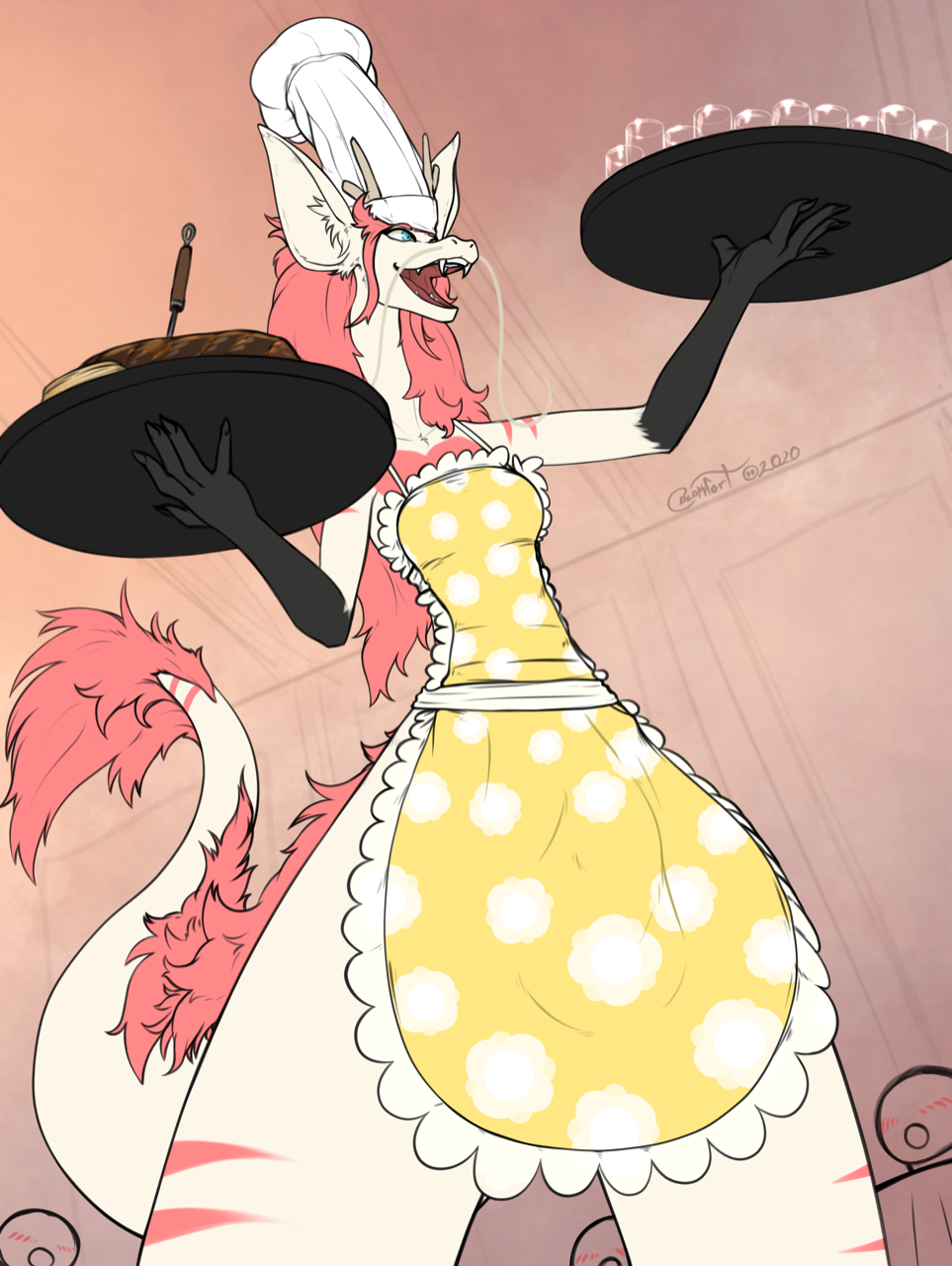 1futa 2020 anthro apron apron_only blokfort breasts bulge chef chef_hat clothing dragon food furry futanari genitals gynomorph hat headgear headwear hi_res intersex mostly_nude open_mouth penis smile solo solo_futa waiter