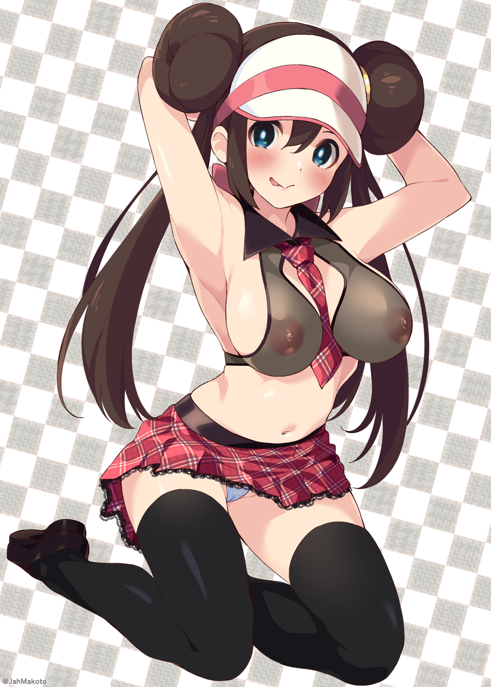 :p, 1girls, areolae, armpits, big breasts, black thighhighs, blue eyes, blush, breasts, brown hair, double bun, eye contact, female, female only, hat, human, human only, light skin, light-skinned female, long hair, looking at viewer, makoto (artist), nintendo, nipples, nipples visible through clothing, pale skin, pale-skinned female, pokemon, pokemon bw2, rosa (pokemon), skirt, solo, thighhighs, twintails