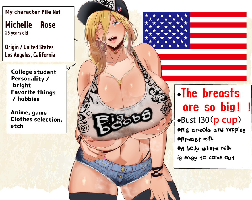 1girls american_flag areola_slip areolae areolae_slip bimbo blonde_hair blue_eyes breasts breasts_bigger_than_head bursting_breasts cap character_profile character_sheet cleavage earrings english_text female female_only flag gigantic_breasts hand_on_hip hand_on_thigh hat hotpants huge_breasts jewelry large_areolae long_hair michelle_rose_(3923mucc) mucc navel necklace nipple_slip nipples one_eye_closed original plump short_jeans short_shorts shorts simple_background solo solo_female text thighhighs thighs thong venus_body wink