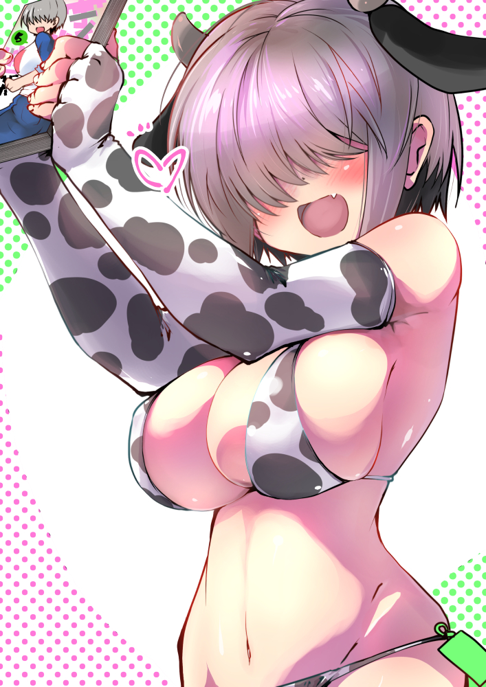 1girls, big breasts, blinding bangs, blush, breasts, cow bikini, cow ears, cow print, female, gloves, grey hair, hair over eyes, isshitaira, large breasts, light skin, light-skinned female, pale skin, pale-skinned female, short hair, smile, uzaki yanagi, uzaki-chan wa asobitai!