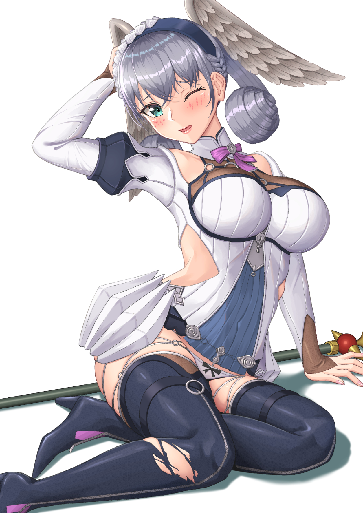 1girls, blush, female, latex, melia antiqua, nintendo, ripped clothing, silver hair, solo, sssemiii, thighhighs, wince, xenoblade (series), xenoblade chronicles