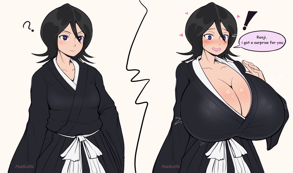 alternate breast size, big breasts, black hair, bleach, blush, breast expansion, breast growth, breast growth (enlargement), breasts, breasts bigger than head, busty, cleavage, english text, female, female only, huge breasts, kuchiki rukia, pinkkoffin, short hair, shounen jump, simple background, solo, solo female, solo focus