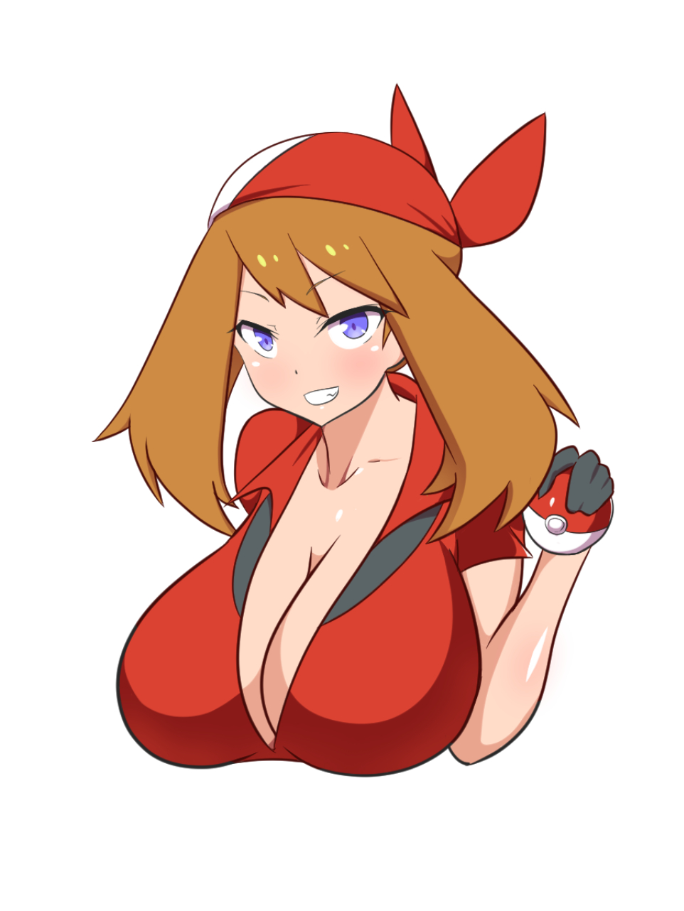 1girls, big breasts, breasts, brown hair, dd (artist), female, huge breasts, human, large breasts, light skin, light-skinned female, may (pokemon), nintendo, pale skin, pale-skinned female, pokemon, pokemon rse, purple eyes, unzipped