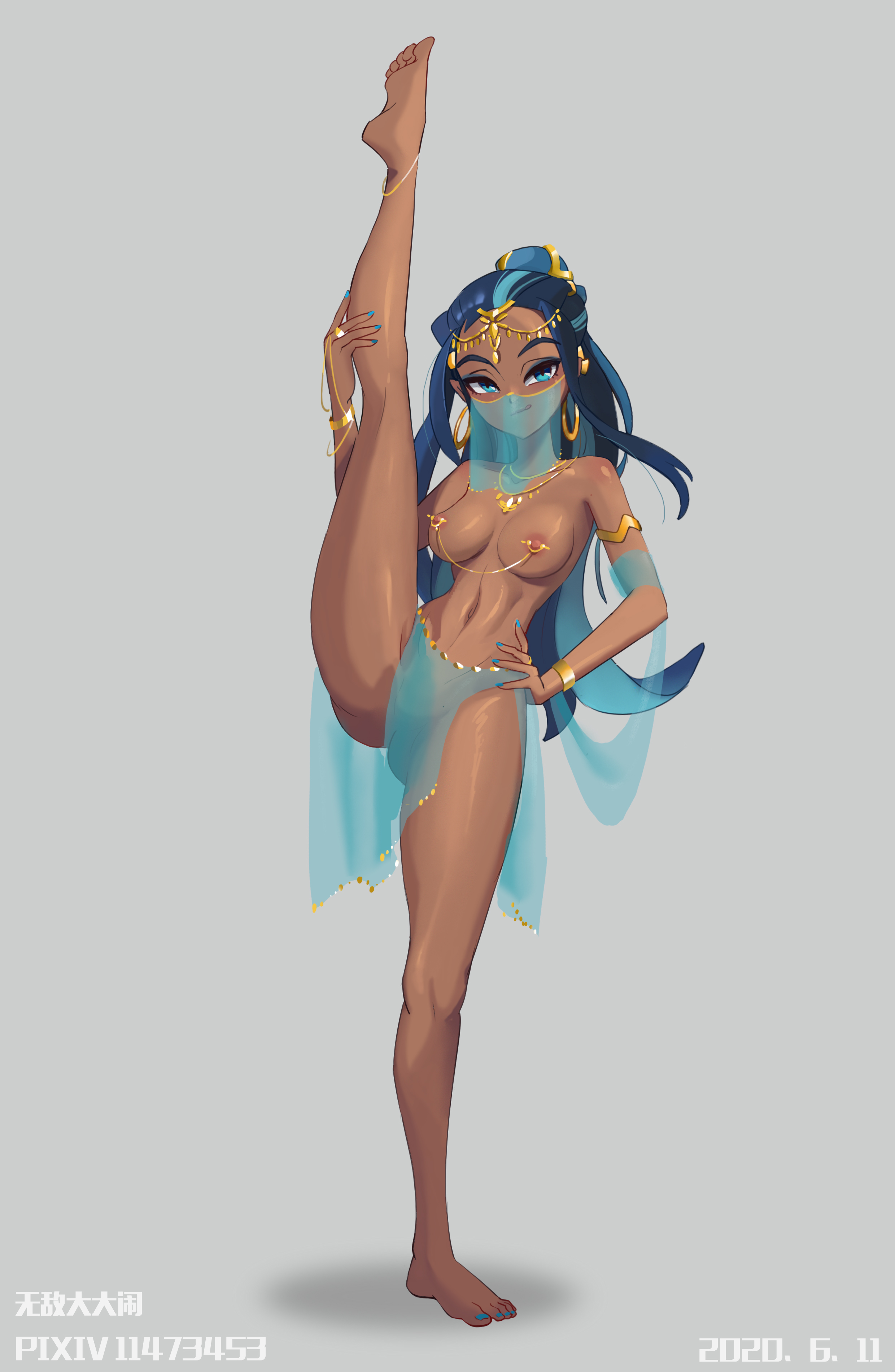 1girls, artist name, barefoot, belly dancer, belly dancer outfit, blue eyes, blue hair, blue nails, blush, breasts, dancer, dancer outfit, dark skin, dark-skinned female, dated, earrings, eyeliner, feet, female, female only, flexible, gold jewelry, harem outfit, hoop earrings, jewelry, large breasts, leg lift, leg up, legs up, long hair, nail polish, nessa (pokemon), nintendo, nipple piercing, nipples, piercing, pokemon, pokemon ss, seductive, seductive smile, smile, smirk, solo, splits, stretching, tongue, tongue out, veil, vertical splits, wudidadanao