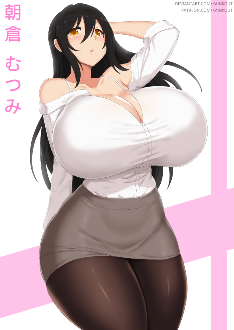 1girls, amber eyes, artist website, black hair, blush, blushing, breasts, breasts bigger than head, cleavage, clothed, clothed female, english text, exposed shoulders, female, female only, hair between eyes, hand behind ass, hand behind head, hourglass figure, hyper, hyper breasts, japanese text, kainkout, kanji, long hair, looking at viewer, pantyhose, solo, solo female, text, thick thighs, thighs, thin waist, wide hips