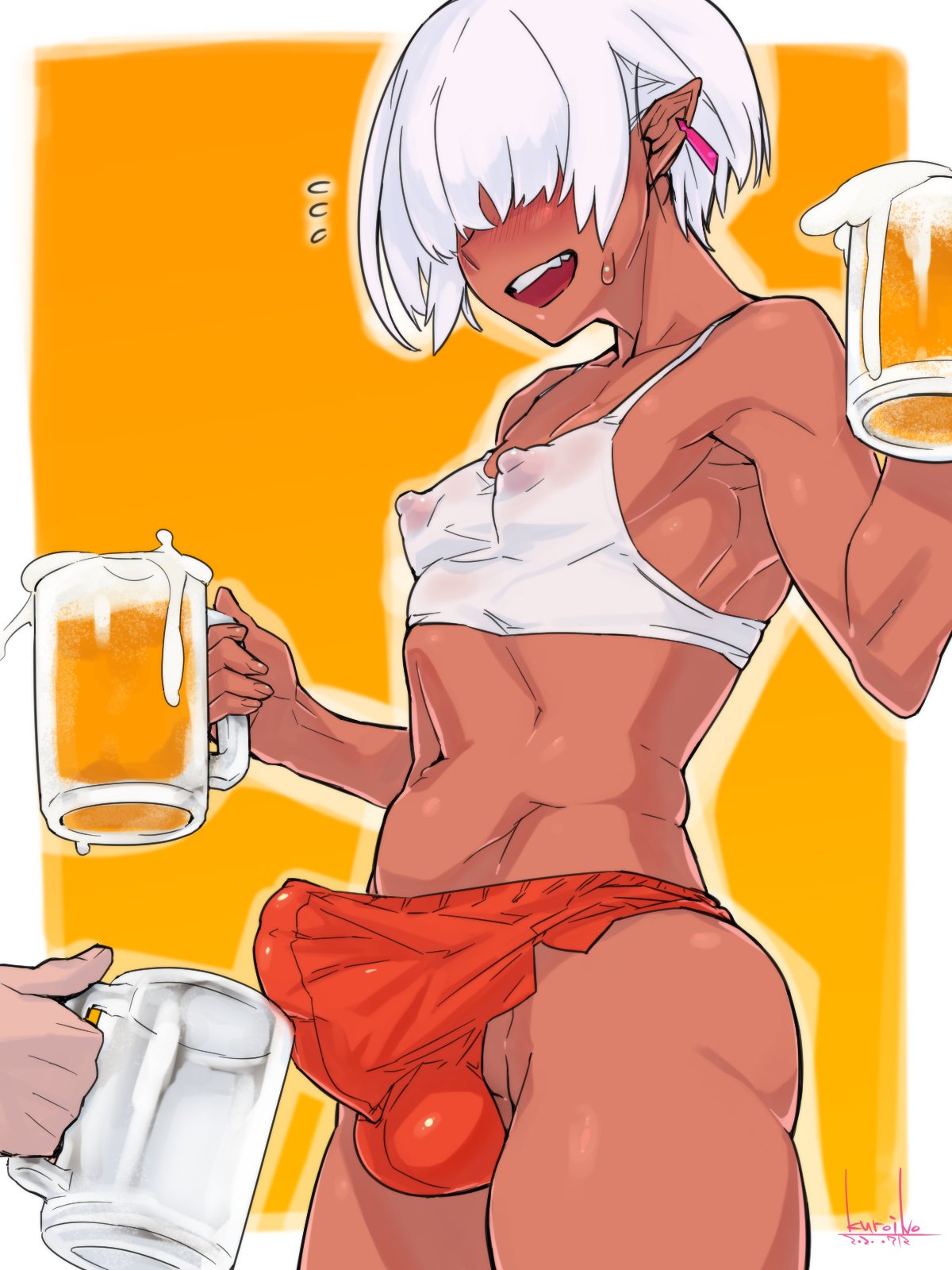 1boy balls beer bulge dark-skinned_femboy dark-skinned_male dark_skin erect_nipples erection erection_under_clothes femboy femboy_hooters girly hair_over_eyes kuroino_(0kuro8ino6) male male_only nipples original penis penis_under_clothes testicles zai_(kuroino)