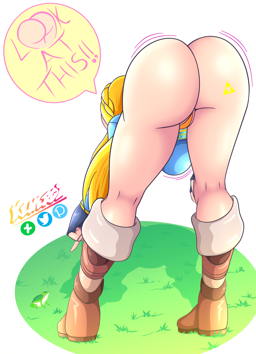 1girls, ass, ass shake, bent over, blonde hair, boots, breasts, breath of the wild, female, fingerless gloves, frog, from behind, grass, hanging breasts, hot-footed frog, huge ass, jiggle, kenergi, long hair, nintendo, presenting, presenting hindquarters, princess zelda, tattoo, text, text bubble, the legend of zelda, thighs, thong, triforce, white background, zelda (breath of the wild)