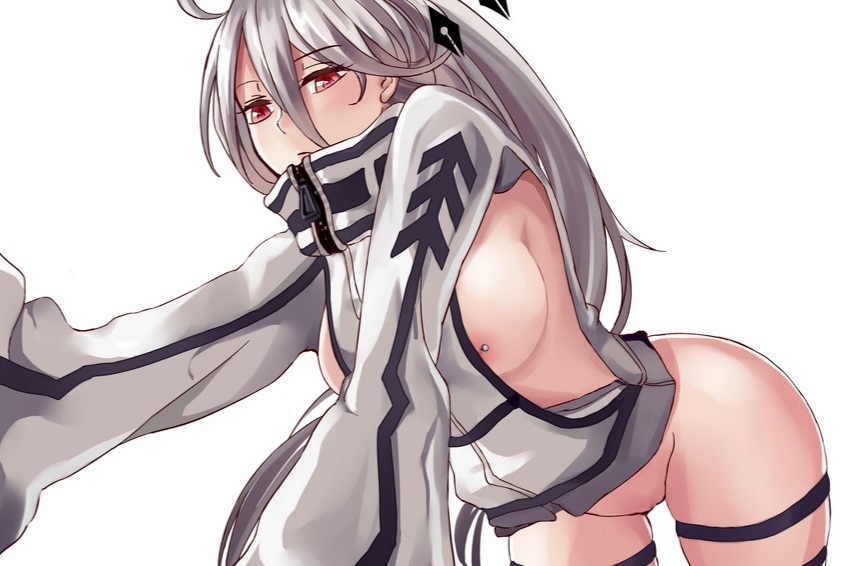 bent_over breasts_out laevateinn nipple_piercing no_panties phantom_of_the_kill red_eyes sweater white_hair