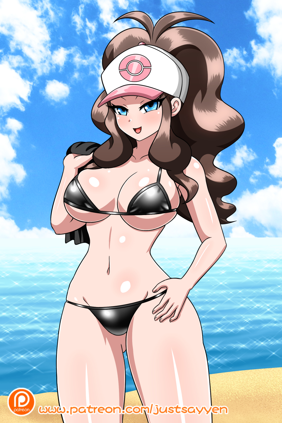 1girls big_breasts bikini blue_eyes blush brown_hair eye_contact female female_only hat hilda_(pokemon) human human_only large_breasts long_hair looking_at_viewer nintendo pale-skinned_female pale_skin pokemon pokemon_bw ponytail solo thick_thighs thighs wide_hips yensh