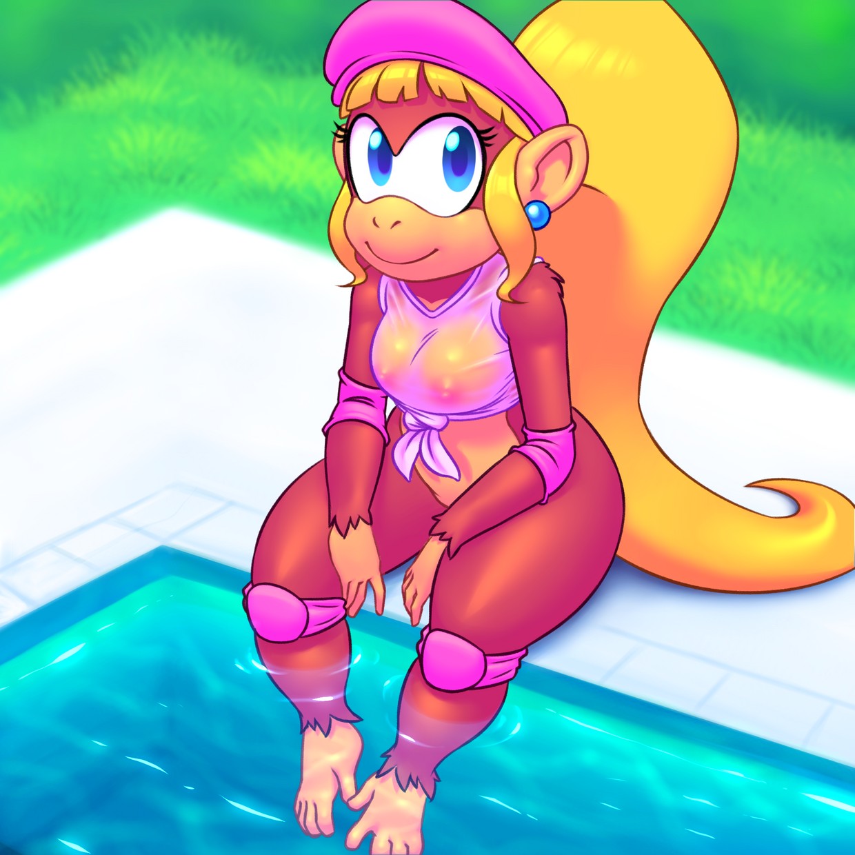 barefoot, blonde hair, blue eyes, clothes, dixie kong, donkey kong (series), feet, female, furry, hat, highres, jewelry, long hair, nintendo, poolside, rareware, sitting, smile, solo, toes, water