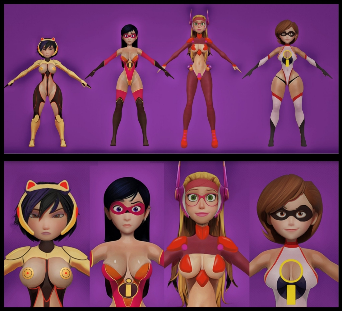 3d, 3d (artwork), 4girls, belly button, big breasts, big hero 6, black hair, blonde hair, breasts, breasts out, brown hair, bust, busty, cleavage, cleavage cutout, costume, crisisbeat, crossover, disney, domino mask, elastigirl, exposed breasts, female, female only, fit, fit female, gogo tomago, helen parr, hips, honey lemon, huge breasts, large breasts, legs, leotard, logo, long hair, looking at viewer, lower body, marvel, marvel comics, mask, masked, milf, mother, parody, pasties, pixar, short hair, smooth skin, stomach, superhero, superheroine, the incredibles, thicc hero 4, thick legs, thick thighs, thighs, upper body, violet parr, voluptuous, waist