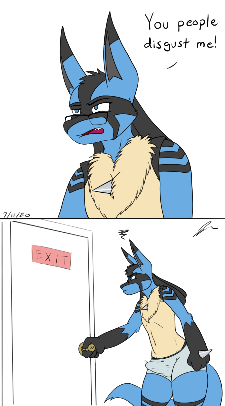 angry anthro blue_body blue_eyes blue_fur bulge chest_tuft clothing door english_text erection erection_under_clothing eyewear fur glasses gloves_(marking) hi_res humor jeffthehusky lucario lucas_arynn male male_only markings meme nintendo pokemon pokemon_(species) solo spikes tenting text tuft underwear underwear_only video_games