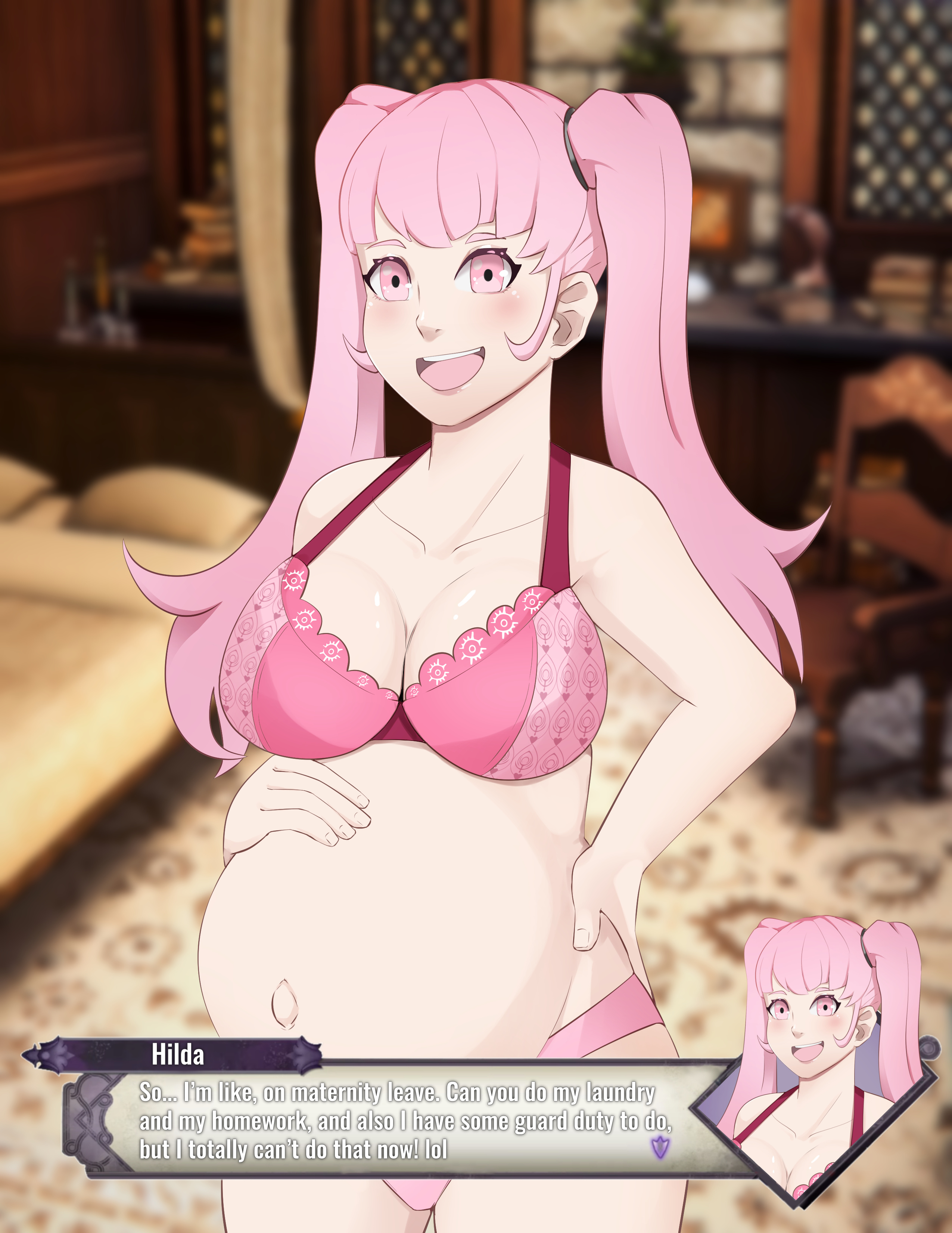 background, bangs, big belly, blush, bra, breasts, claraspregs, cleavage, female, fire emblem, fire emblem: three houses, hilda valentine goneril, large breasts, long hair, pink bra, pink hair, pregnant, pregnant belly, shirtless, text box, underwear, underwear only