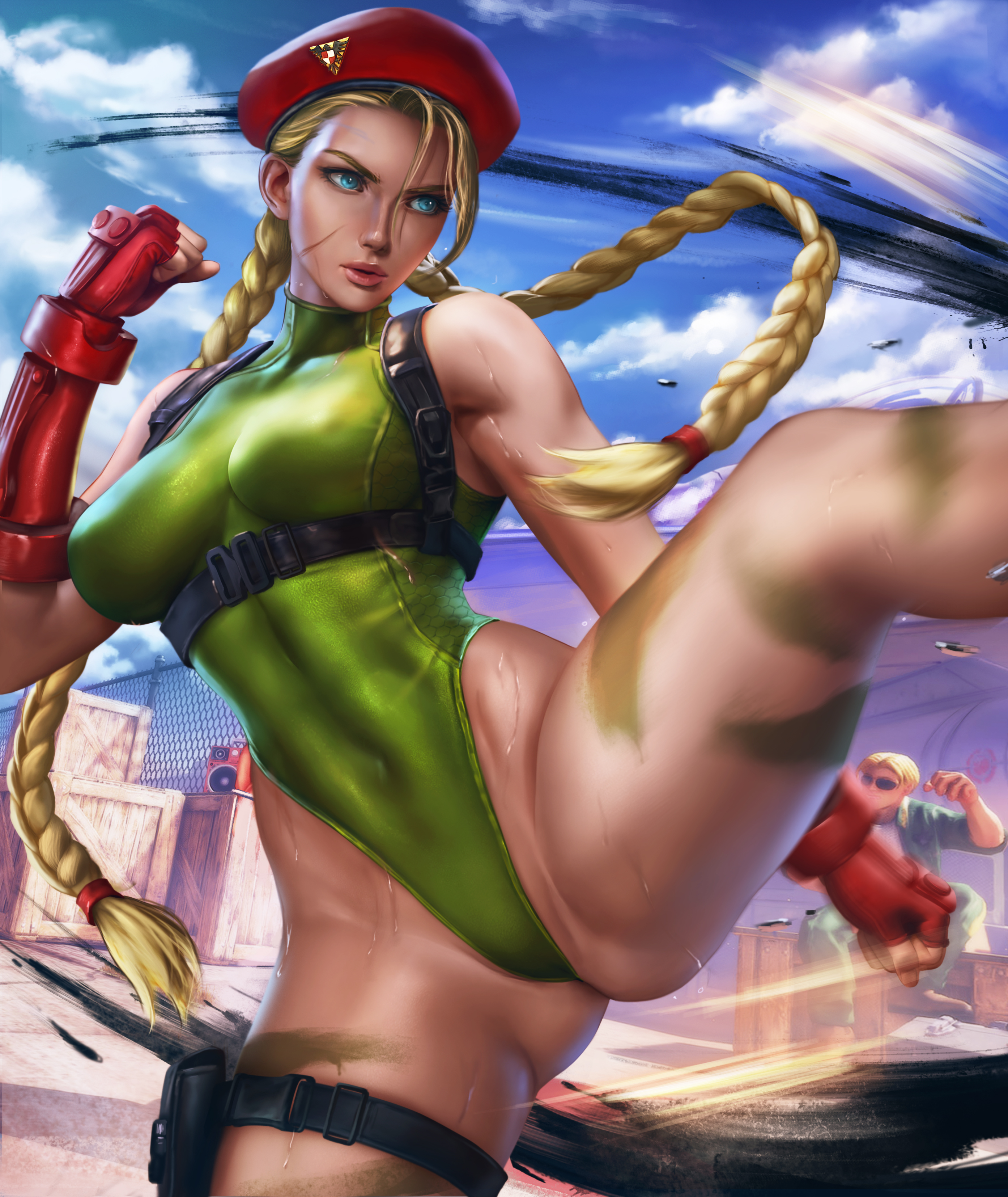 action pose, big breasts, blonde hair, blue eyes, breasts, cammy white, capcom, female, gloves, logan cure, muscular, muscular female, nipples visible through clothing, street fighter, toned, toned female