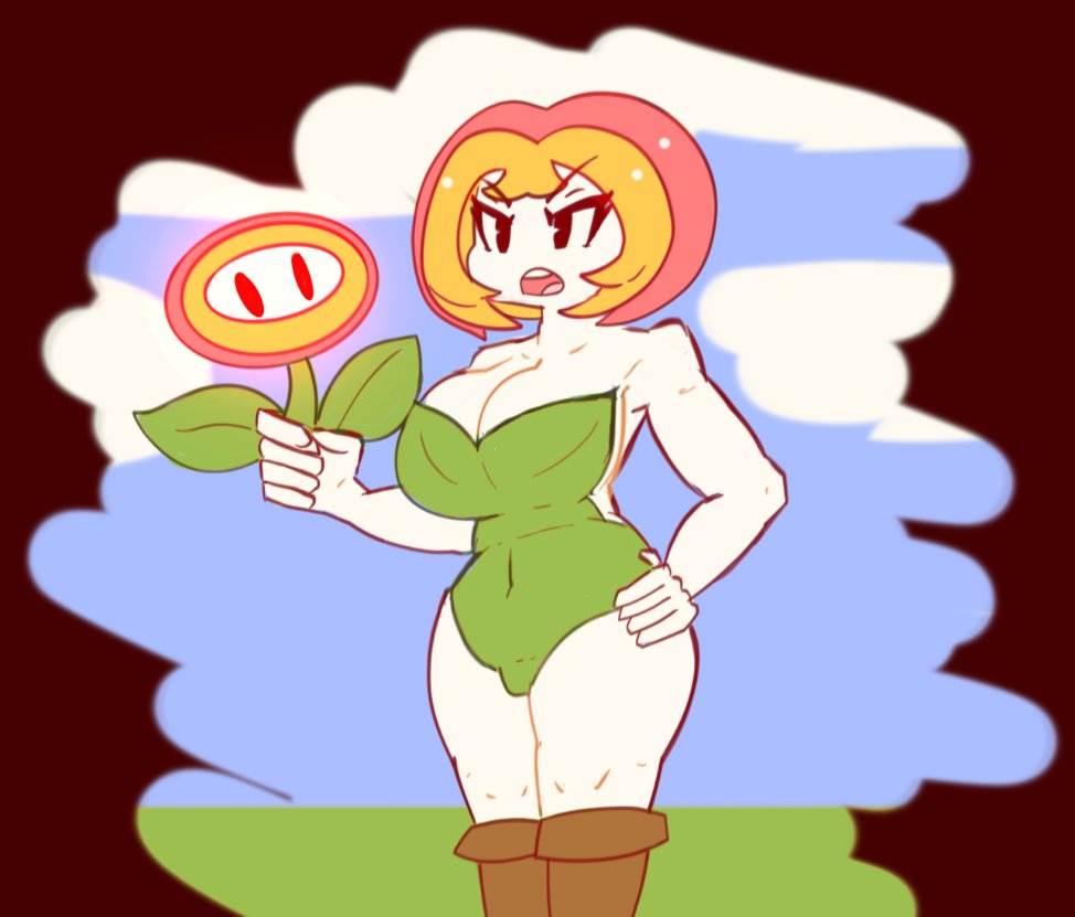 angry anthro big_breasts curly_(artist) fire_flower flora_(meow_fuck) mario_(series) meow_fuck nintendo power_up power_up_girl super_mario_bros. thick_thighs wide_hips