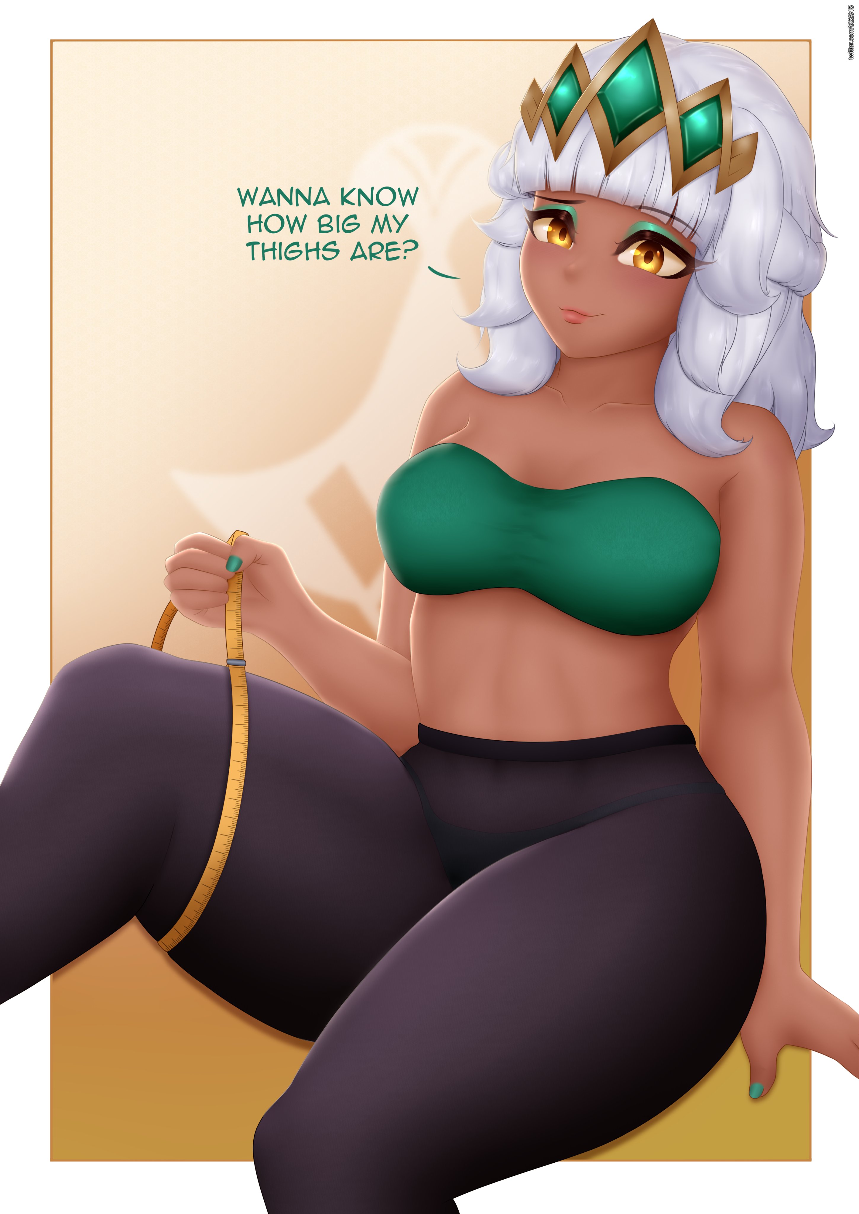2020, absurd res, ass, breasts, confident, crown, dark skin, dark-skinned female, female, green eyeshadow, green nails, huge ass, huge thighs, league of legends, looking at viewer, makeup, measuring, measuring tape, midriff, pink lipstick, qiyana yunalai, riot games, simple background, smile, smug, spiritof2281, talking to viewer, text, thick thighs, thong, tiara, translucent clothing, white hair, yellow eyes, yoga pants