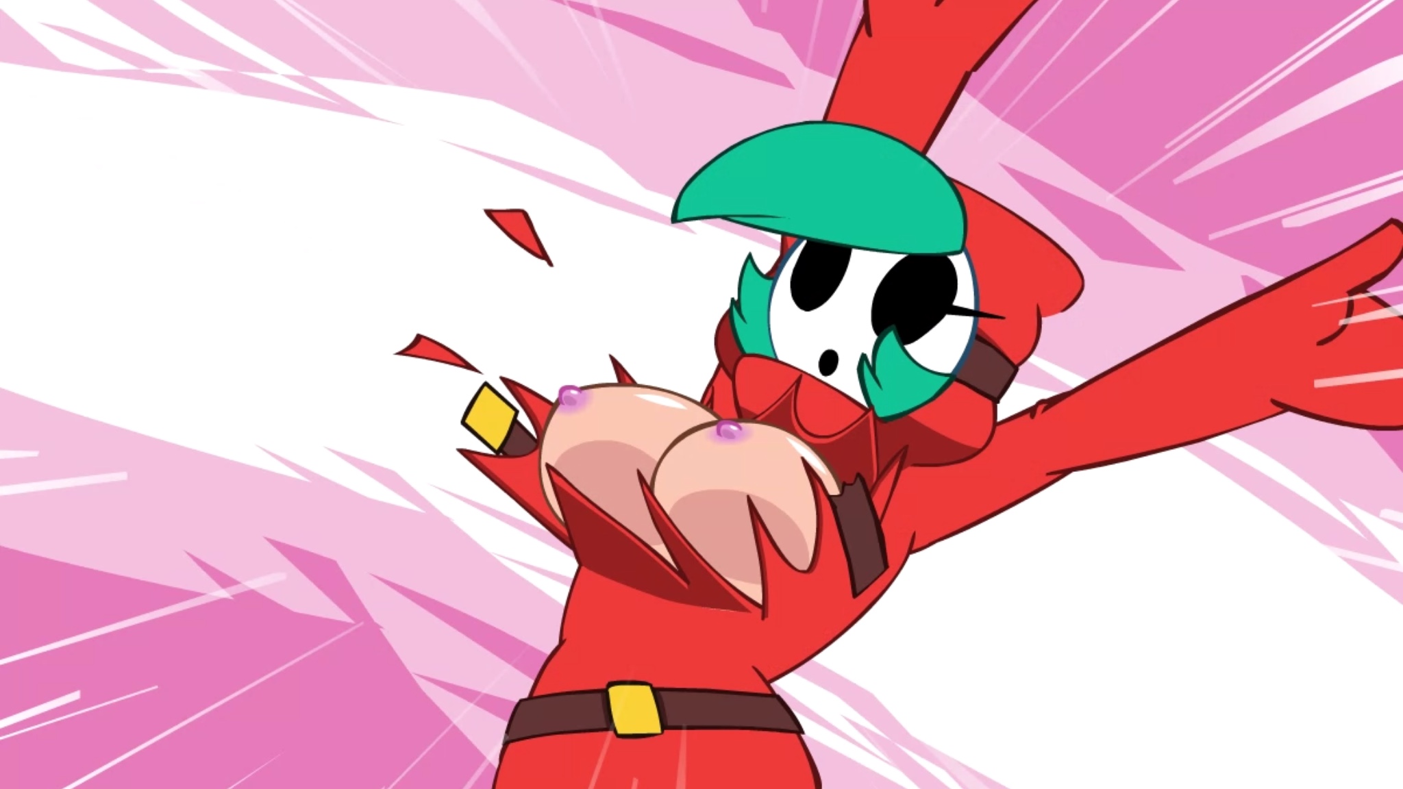 areolae, breasts, covered face, exposed breasts, female, green hair, mario (series), mask, masked, minus8, nintendo, shy gal, solo, tagme, torn clothes, yoshi's island