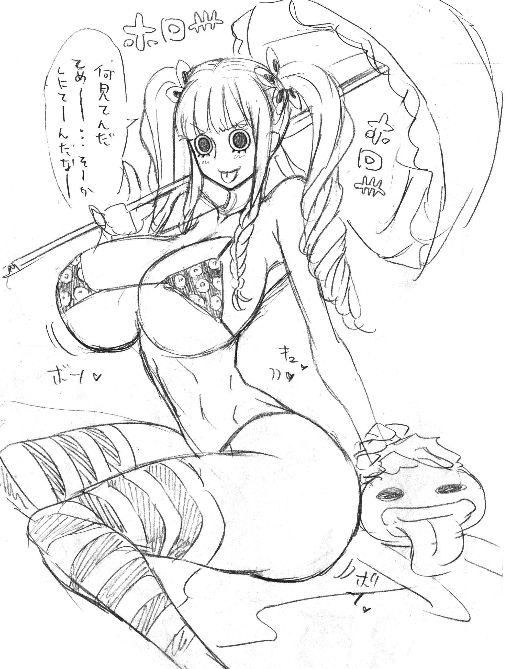 1girls, absurd res, ando hiroyuki, ass, bangs, bare shoulders, big ass, big breasts, bikini, black and white, black eyes, blush, breasts, cleavage, clothing, collarbone, curvy, dialogue, drill hair, eyelashes, female, female focus, female only, fringe, g-string, ghost, hand on head, hips, holding, holding object, huge ass, huge breasts, human, japanese text, large ass, large breasts, legwear, long hair, looking at viewer, micro bikini, monochrome, one piece, parasol, perona, polka dot, ponytail, revealing clothes, sideboob, simple background, sitting, sketch, skimpy, smile, solo, solo female, sound effects, speech bubble, stockings, striped, striped legwear, swimsuit, text, thighhighs, thighs, thin waist, thong, thong bikini, tied hair, tongue, tongue out, translation request, twintails, umbrella, underboob, voluptuous, white background, wide hips, wrist scrunchie, wristband