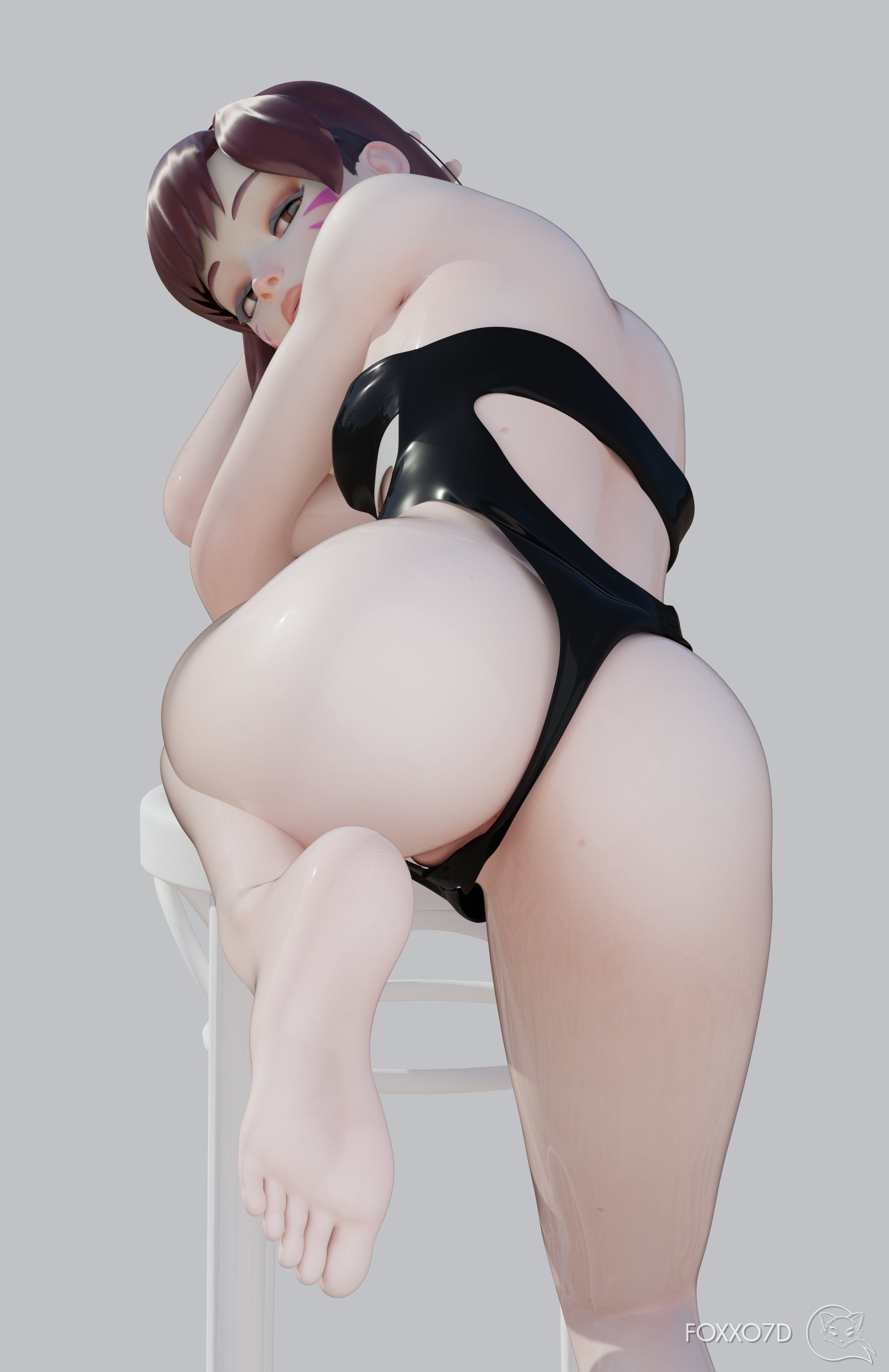1girls, 3d, artist name, asian, ass, back, barefoot, bdsm, big ass, big butt, black swimsuit, blender, blizzard entertainment, breasts, brown eyes, brown hair, burgundy hair, clothed female, clothing, curvy, cute, d.va, eyelashes, eyeliner, eyeshadow, face markings, facepaint, facial markings, feet, female, female only, floxu7d, foot up, fringe, fully clothed, hana song, highres, huge ass, huge butt, korean, large ass, latex, light skin, light-skinned female, lips, long hair, looking at viewer, looking back, naughty face, overwatch, pale skin, pale-skinned female, petite, presenting, presenting ass, presenting foot, presenting hindquarters, seductive eyes, seductive look, sexually suggestive, simple background, skinny, slim, small breasts, soles, solo, swimsuit, teenager, thick thighs, thong, thong leotard, toes, whisker markings, white background, wide hips
