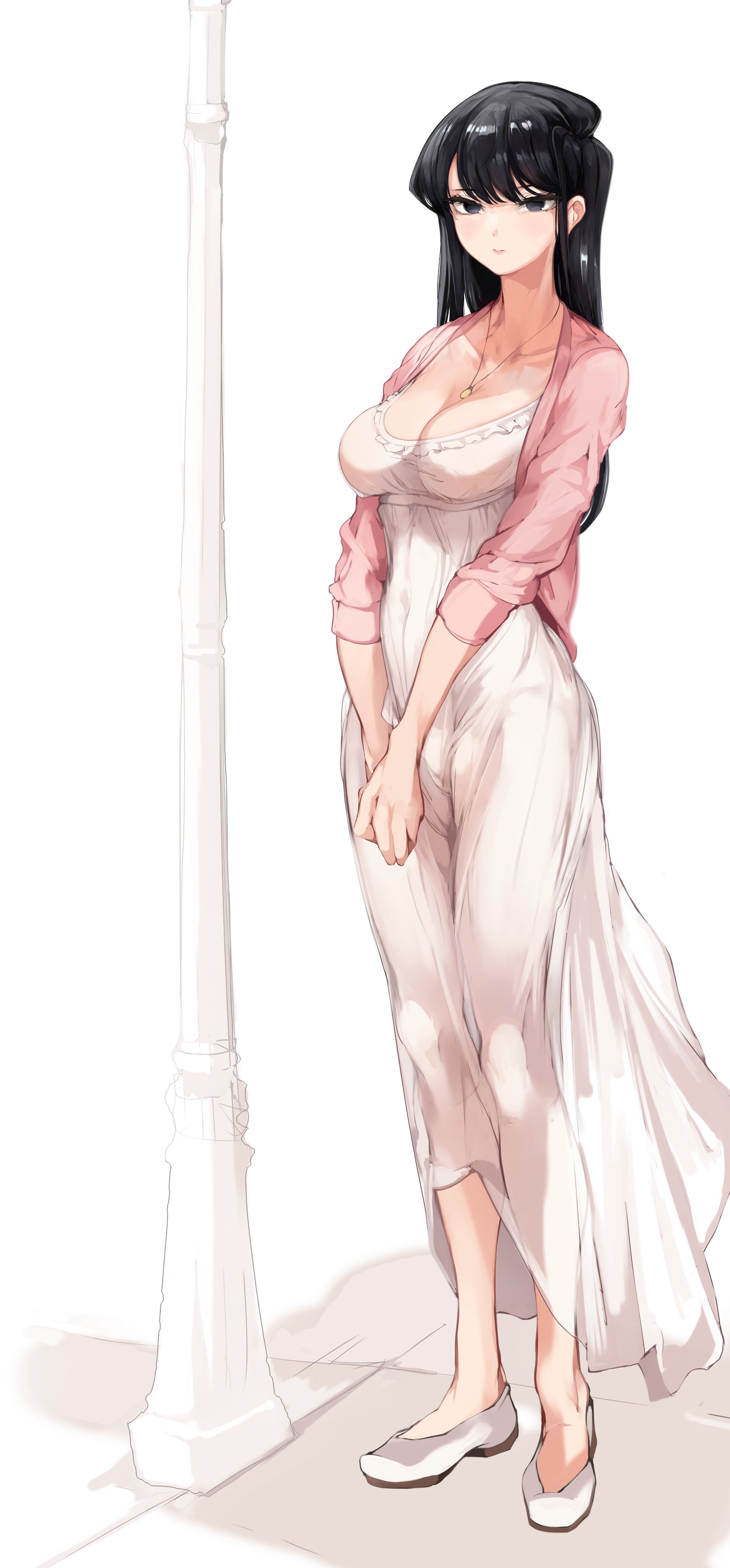 1girls, black hair, breasts, cleavage, female, female only, full body, komi shouko, komi-san wa komyushou desu, light skin, light-skinned female, long hair, mamimi (mamamimi), solo, standing, tagme, white dress