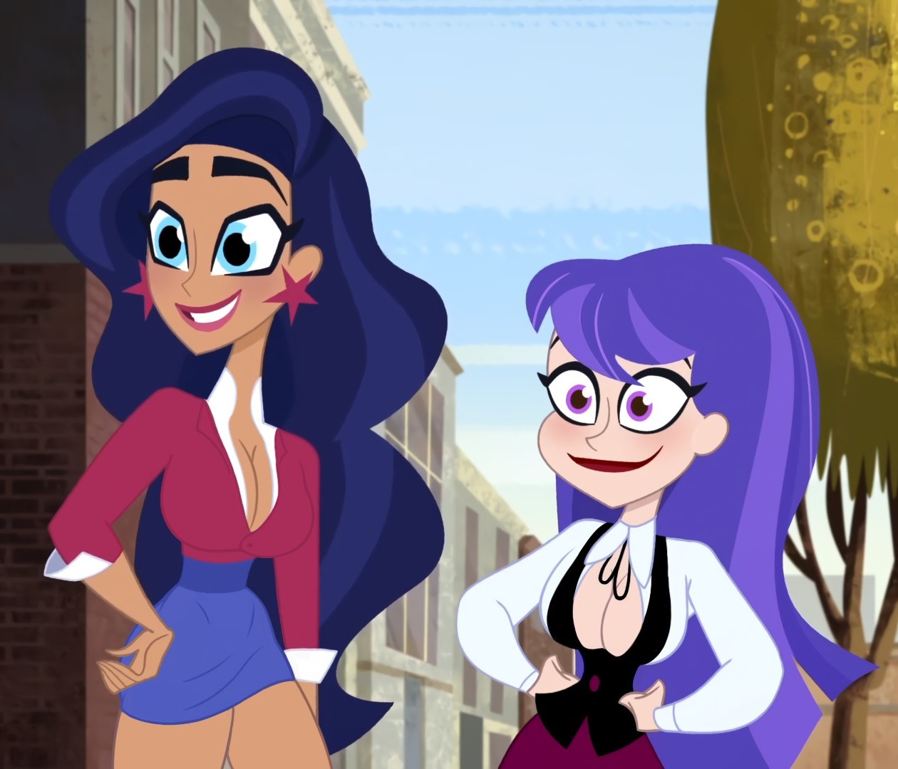 2girls, accurate art style, big breasts, black hair, blue eyes, breasts, brown eyes, busty, cleavage, dark skin, dark-skinned female, dc, dc comics, dc super hero girls, diana prince, diana prince (shg), earrings, edit, female, female only, hourglass figure, large breasts, light skin, light-skinned female, lipstick, long hair, microskirt, miniskirt, monkeyman (artist), open shirt, pose, posing, purple eyes, purple hair, screenshot edit, shirt, skimpy, skimpy clothes, skirt, sleeves rolled up, standing, star earrings, vest, wide hips, wonder woman, zatanna, zee zatara