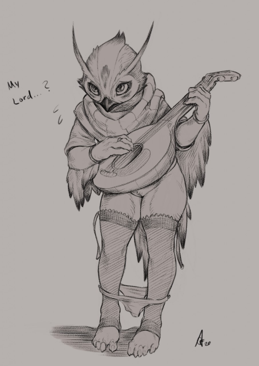 2020 anthro avian beak clothed clothing crestfallenartist dialogue english_text exposed feathers female genitals grey_background greyscale hi_res holding_object legwear lute monochrome musical_instrument panties panties_down partially_clothed playing_music plucked_string_instrument pussy ring signature simple_background solo standing string_instrument text thigh_highs underwear underwear_down wardrobe_malfunction