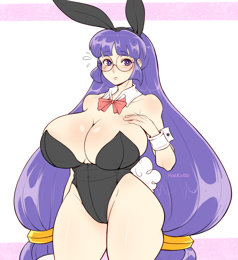 1girls breasts bunny_ears bunny_girl bunnysuit cleavage clothing female female_only glasses gluko huge_breasts long_hair mon_colle_knights pinkkoffin purple_eyes purple_hair shiny shiny_hair shiny_skin solo solo_female solo_focus standing thick_thighs thighs very_long_hair