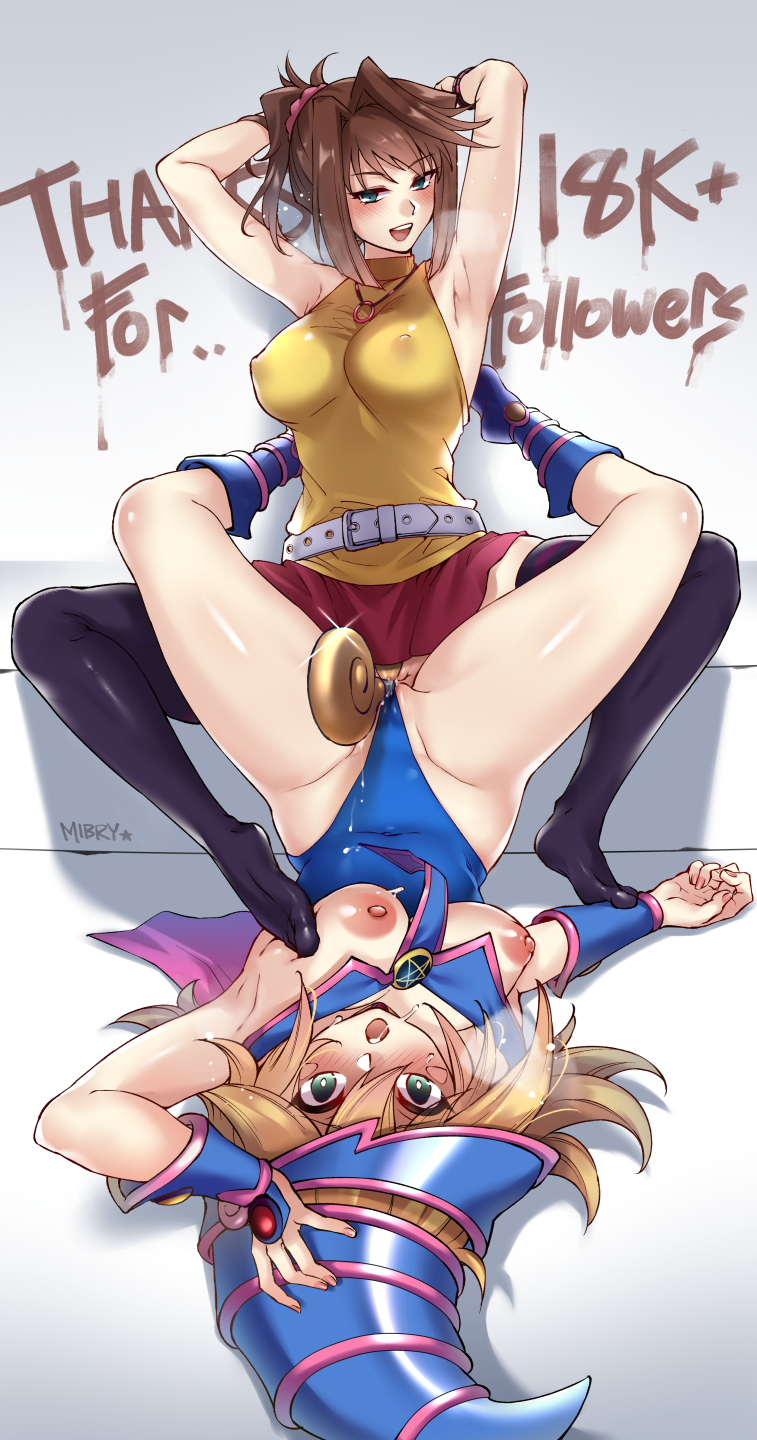 2girls, armpits, arms up, blush, boots, breasts, breasts out, brown hair, dark magician girl, drooling, female, large breasts, mibry (phrysm), multiple females, multiple girls, no shoes, on back, open mouth, sweat, tea gardner, tea gardner (yu-gi-oh! the dark side of dimensions), thighhighs, tribadism, upside-down, yu-gi-oh!, yu-gi-oh! the dark side of dimensions, yuri
