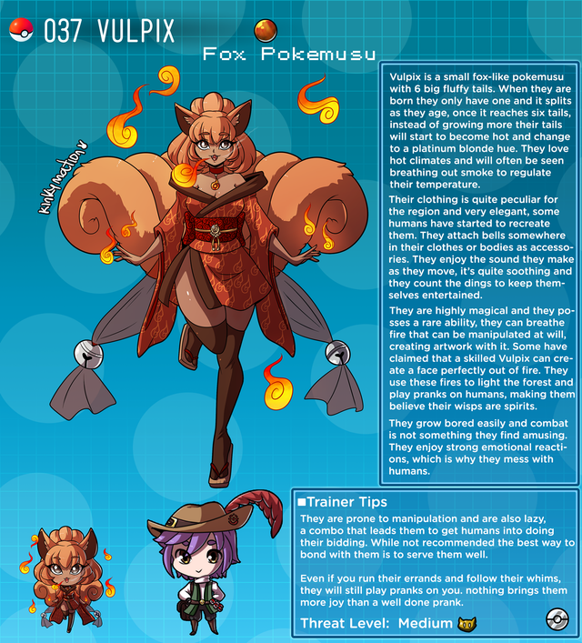 blue_background creature_index dark_skin english_text fox_tail hi_res kinkymation nintendo orange_hair page_37 personification pokedex pokemon pokemon-girl_encyclopedia pokemon_(species) pokemusu profile tail text vulpix