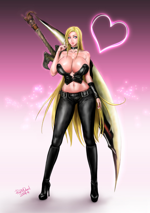 1girls bare_shoulders blonde blonde_hair blue_eyes breasts bust busty choker clavicle cleavage closed_mouth curvaceous curves curvy curvy_body curvy_female curvy_figure curvy_hips demon demon_girl devil_may_cry female female_focus female_only full_body heart heels high_heels hips huge_breasts huge_weapon large_breasts long_hair looking_at_viewer navel pants pink_devil shoes smile solo sparda_(sword) stomach sword trish_(devil_may_cry) very_long_hair weapon weapon_on_back wide_hips woman