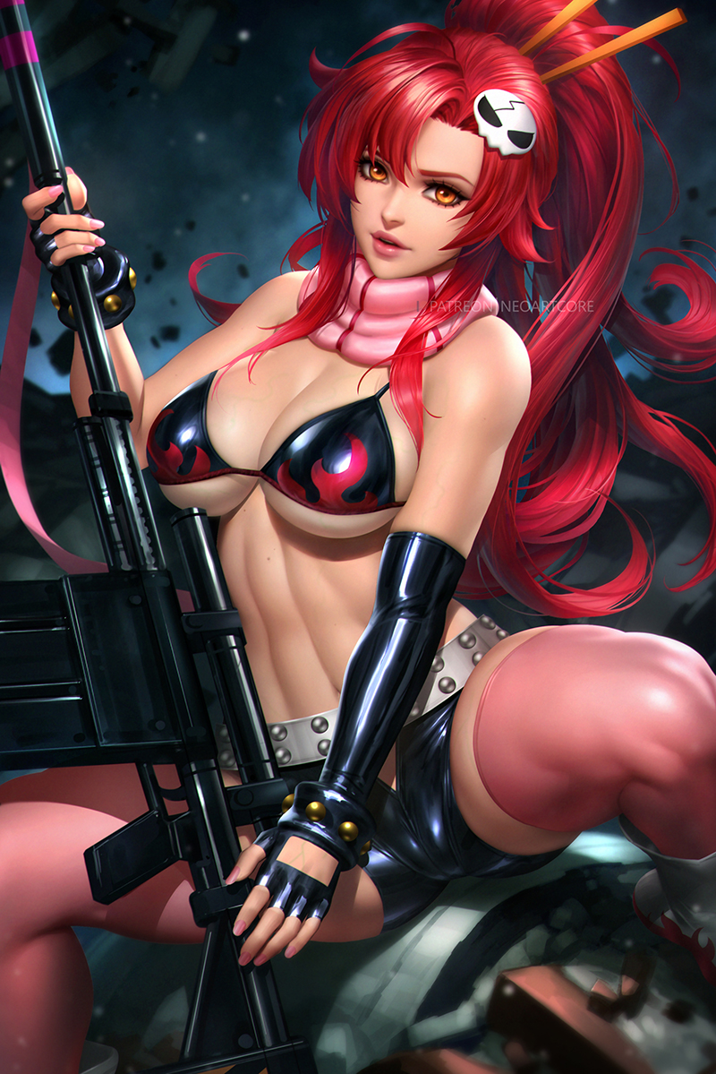 1girls, big breasts, breasts, female, female only, gun, large breasts, long hair, neoartcore, red hair, solo, tengen toppa gurren lagann, yoko littner