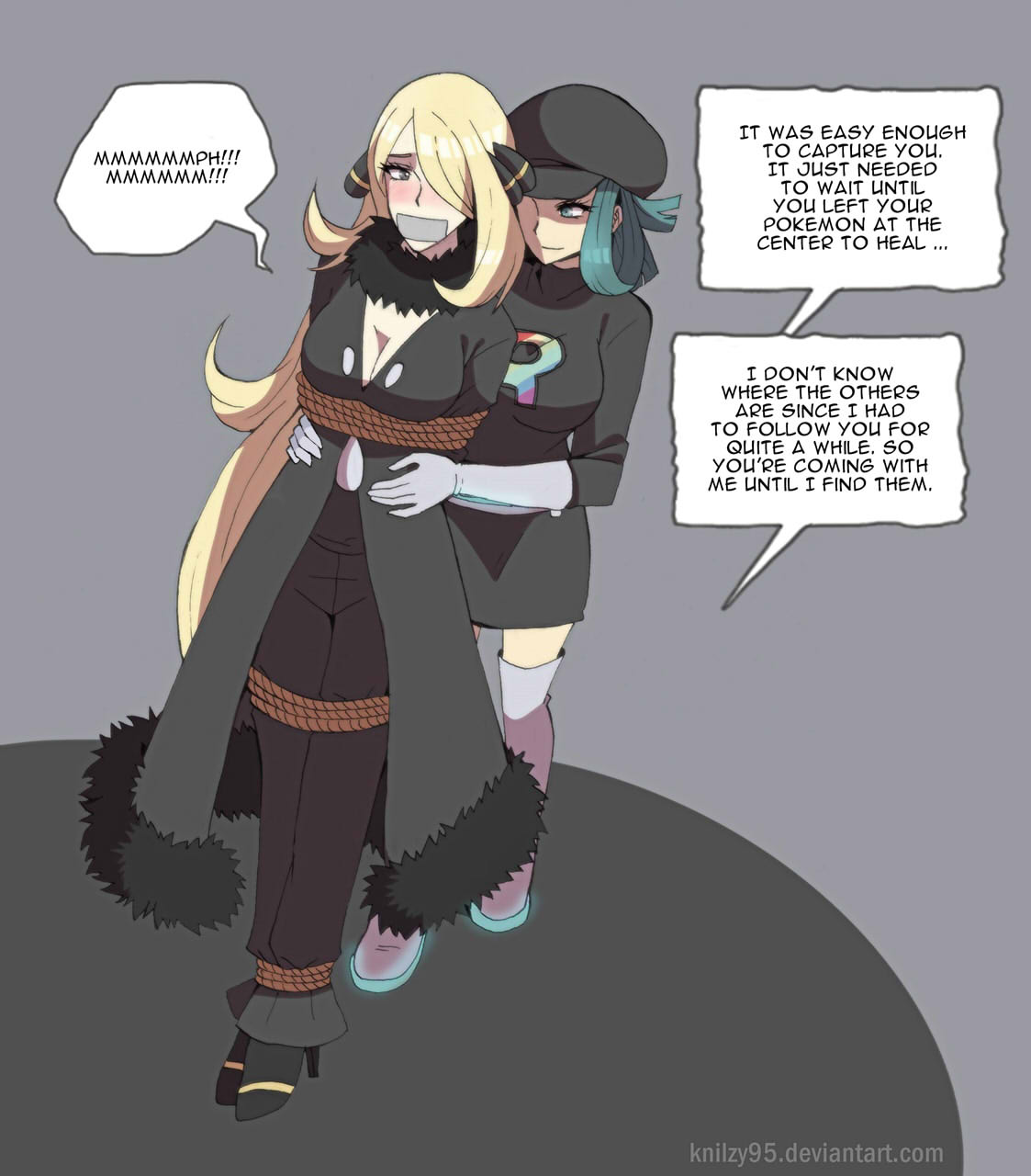 blonde hair, blue hair, bondage, bound, champion, cleavage, clothed, cynthia (pokemon), duct tape, female, female only, female team rocket grunt, femdom, femsub, gagged, hair ornament, heels, human, kidnapped, kidnapping, mature, mature female, nintendo, pokemon, pokemon usm, restrained, rope, rope bondage, smug, speech bubble, tape, tape gag, taped mouth, team rainbow rocket, team rainbow rocket grunt, team rainbow rocket grunt (female), team rocket, team rocket grunt, tied arms, tied hands, tied legs, tied up, waist grab