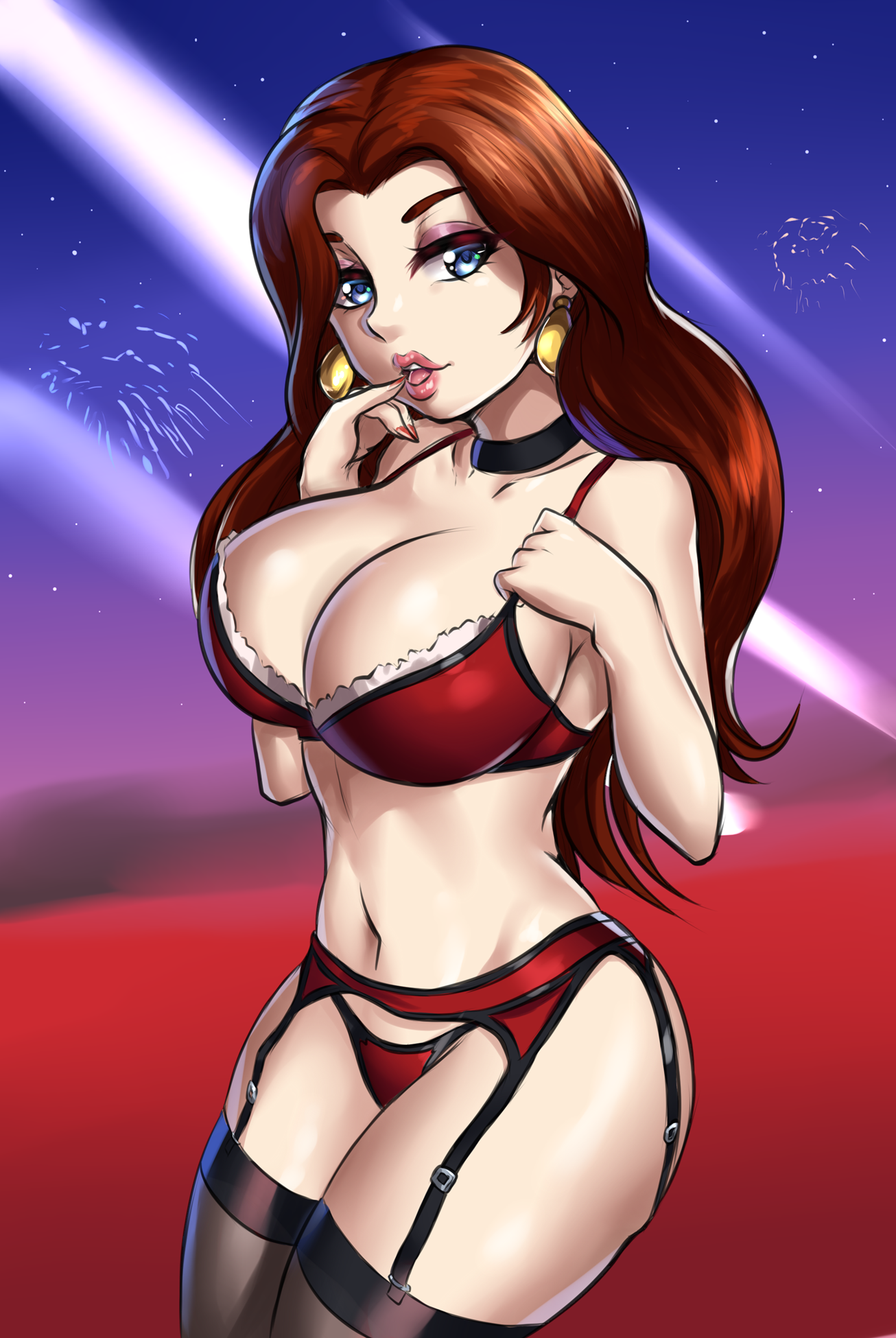 big breasts, blue eyes, bra, breasts, brown hair, earrings, female, female only, fingernails, leonart, lips, long hair, mario (series), nintendo, panties, pauline, red lingerie, solo, solo female, solo focus, super mario odyssey, underwear