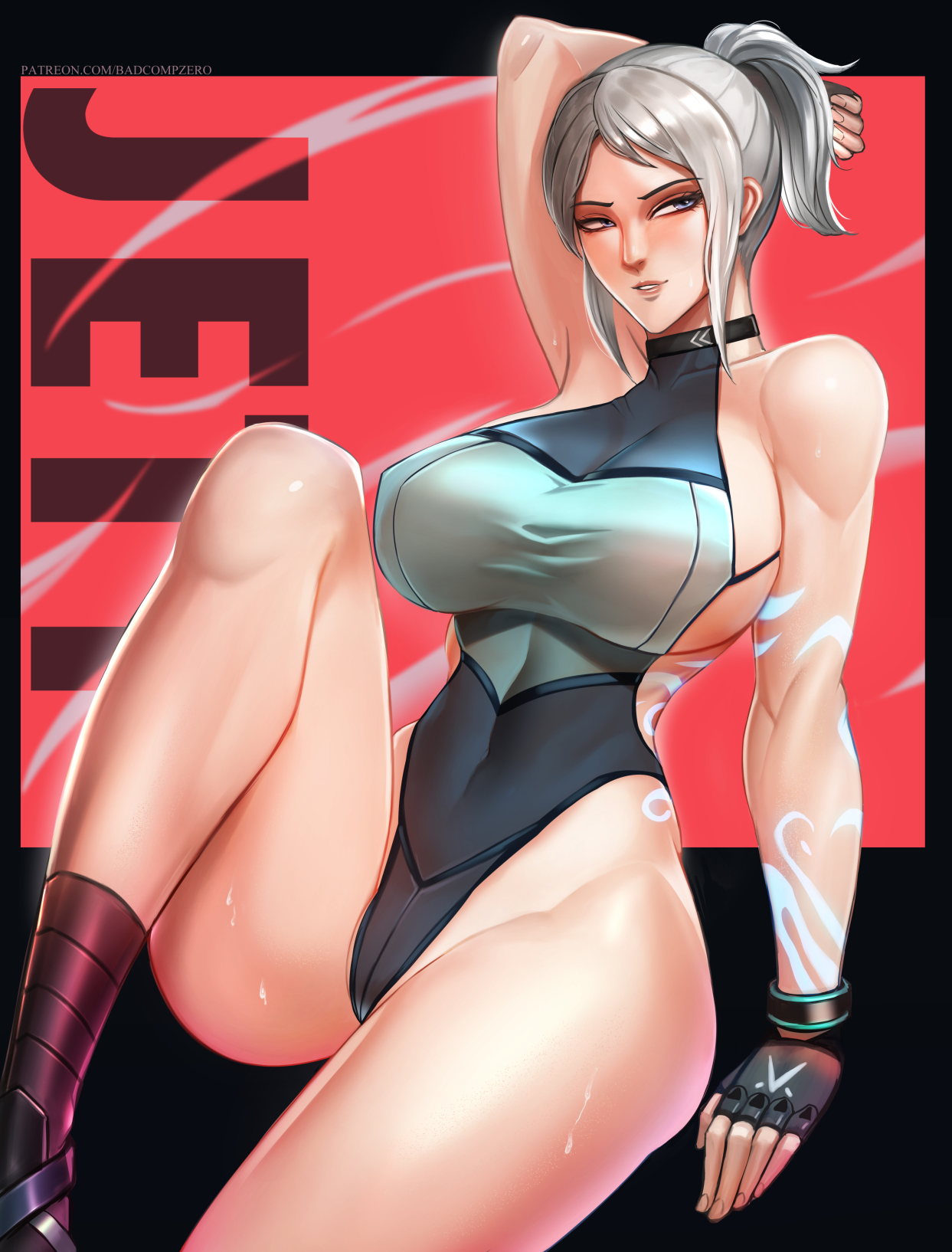 1girls, 2d, 2d (artwork), aerokinesis, alternate version available, arm up, artist name, badcompzero, big breasts, breasts, character name, clothed, clothing, female, female only, fingerless gloves, gloves, glowing tattoo, human, human only, jett (valorant), large breasts, light skin, light-skinned female, looking at viewer, pale skin, pale-skinned female, ponytail, powers, questionable, silver hair, smiling at viewer, solo, solo female, sweat, tattoo, tattoos, thick, thick thighs, valorant, video game character, wind