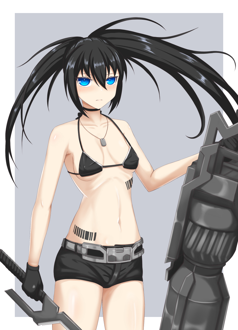 barcode barcode_tattoo bikini_top black_hair black_rock_shooter black_rock_shooter_(character) black_rock_shooter_(game) blue_eyes cannon short_shorts small_breasts sword uneven_twintails