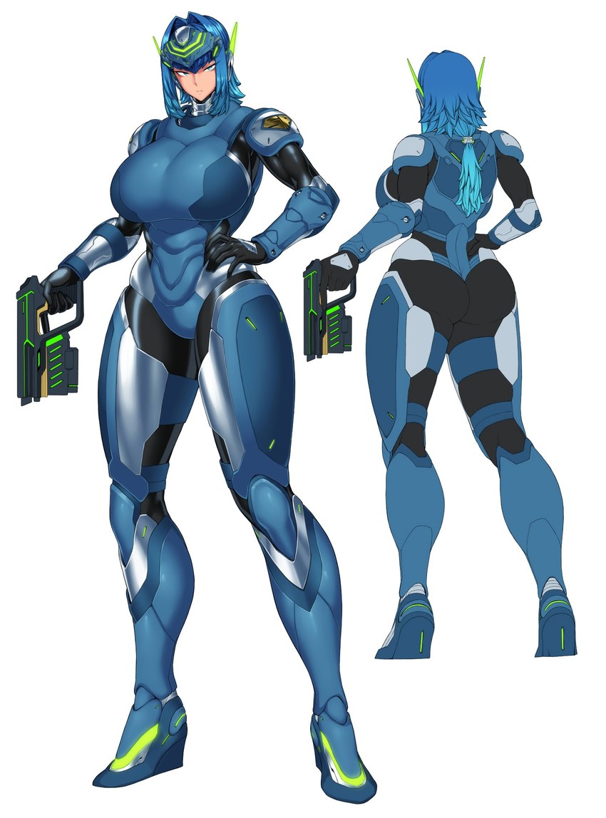 armour, back view, battle armor, big breasts, blue eyes, blue hair, breasts, female, front view, futuristic, gun, hand on hip, headgear, laser gun, long hair, original, ponytail, pose, posing, profile, sci-fi, skin tight suit, spacezin, voluptuous, white background, zoe (spacezin)