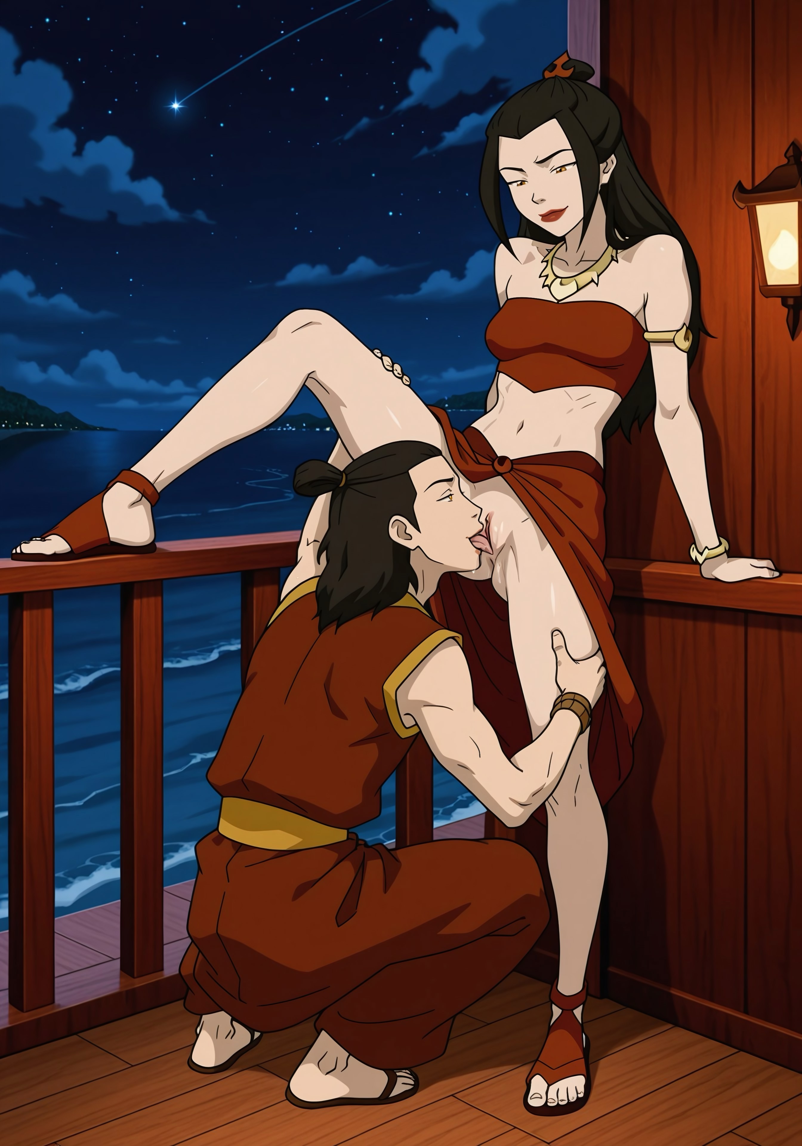ai generated, avatar the last airbender, azula, balcony, cunnilingus, female, licking pussy, nickelodeon, night, nude, pussy, standing, vagina
