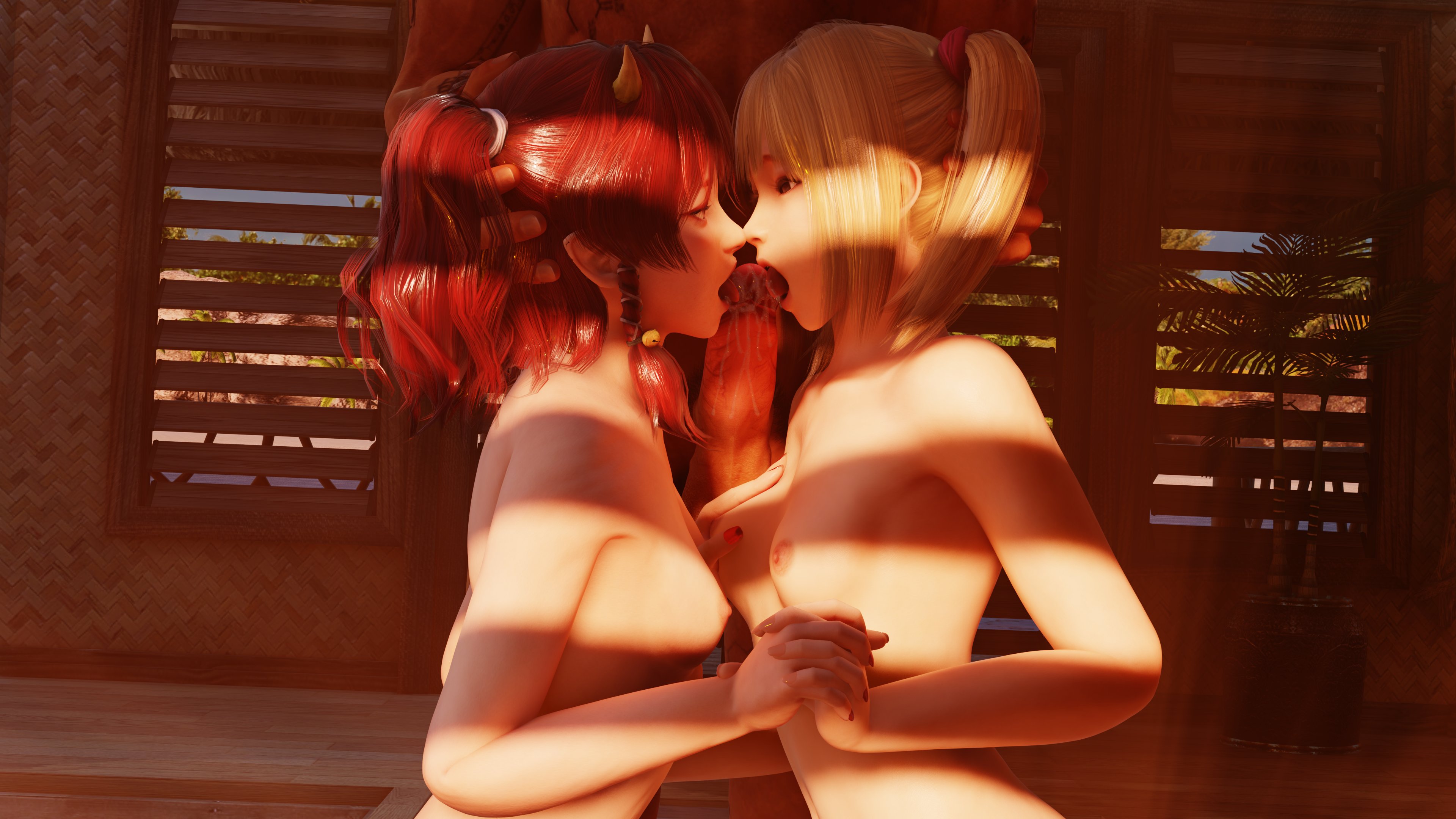 1boy, 2girls, 3d, artist name, bigger male, blonde female, blonde hair, breasts, collaborative fellatio, dead or alive, deluwyrn, erection, faceless male, fellatio, female, kanna (dead or alive), licking, licking penis, licking tip, light skin, light-skinned female, light-skinned male, male, marie rose, muscular, muscular male, nipples, nude, nude female, nude male, oral, oral sex, penis, petite, petite female, red hair, saliva, sex, small breasts, straight, tattoos, teenager, threesome, twintails