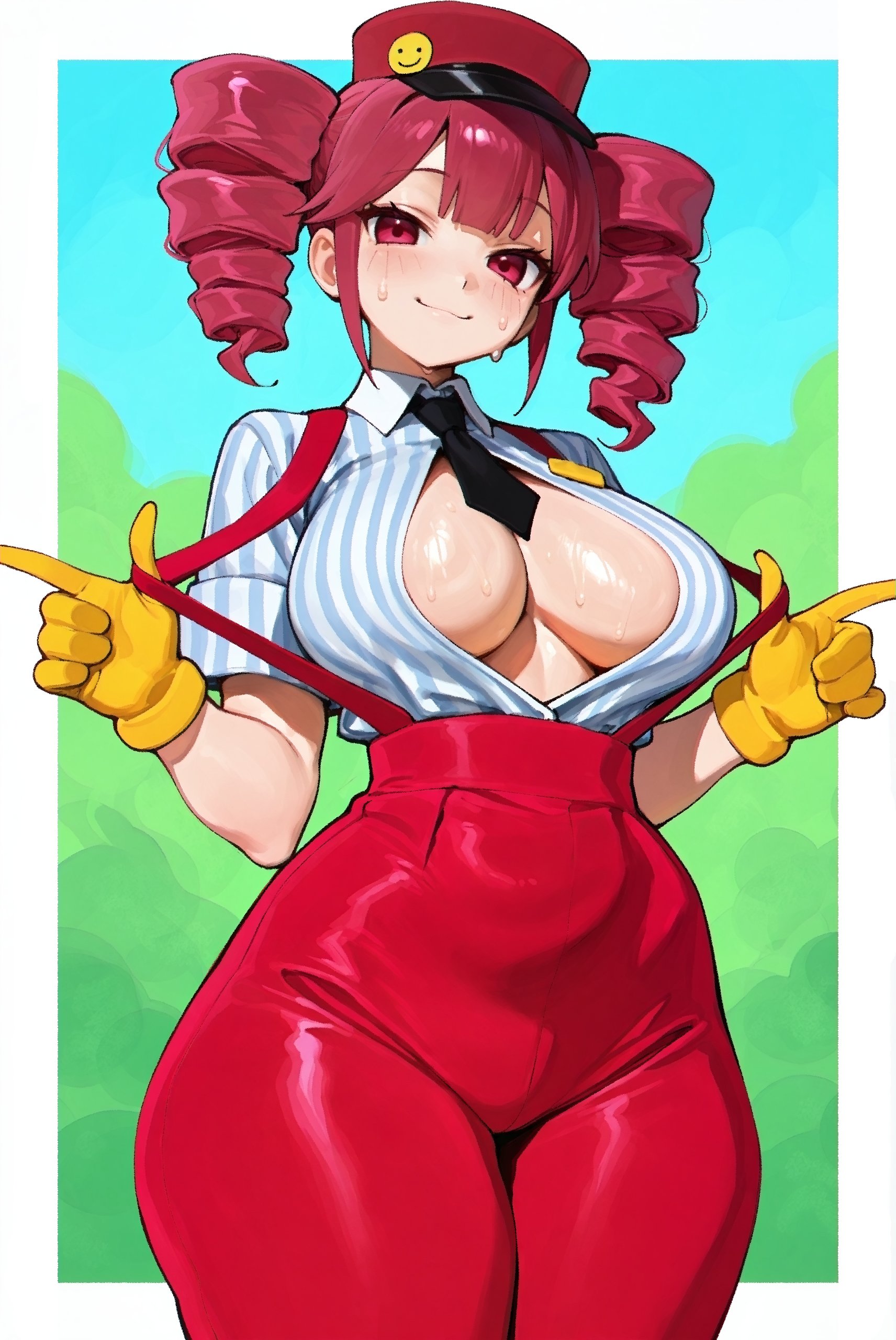 1girls, ai generated, ass, ass visible from the front, belly, big ass, big breasts, big thighs, blouse, blush, blush lines, boob window, bottom heavy, breasts, breasts focus, cleavage, cleavage cutout, curvaceous, curvy, curvy female, curvy figure, fat ass, fat thighs, female, female only, flashing, flashing breasts, gloves, hat, high waisted pants, high-waist pants, hips wider than shoulders, hourglass figure, huge ass, huge breasts, huge thighs, kasane teto, kasane teto (sv), large ass, large breasts, large thighs, looking at viewer, massive thighs, mesmerizer (vocaloid), mesmerizer teto, midriff, mv character, necktie, no bra, open clothes, open shirt, pear shaped, pear shaped female, plump, plump breasts, plump thighs, pussy, pussy bulge, red eyes, red hair, shiny clothes, shiny skin, shirt, simple background, slim waist, smile, solo, solo female, suspenders, sweat, sweating, synthesizer v, thick thighs, thighs, tight clothing, tight pants, twin drills, unbuttoned, unbuttoned shirt, utau, voluptuous, voluptuous female, wide hips, yoaebi